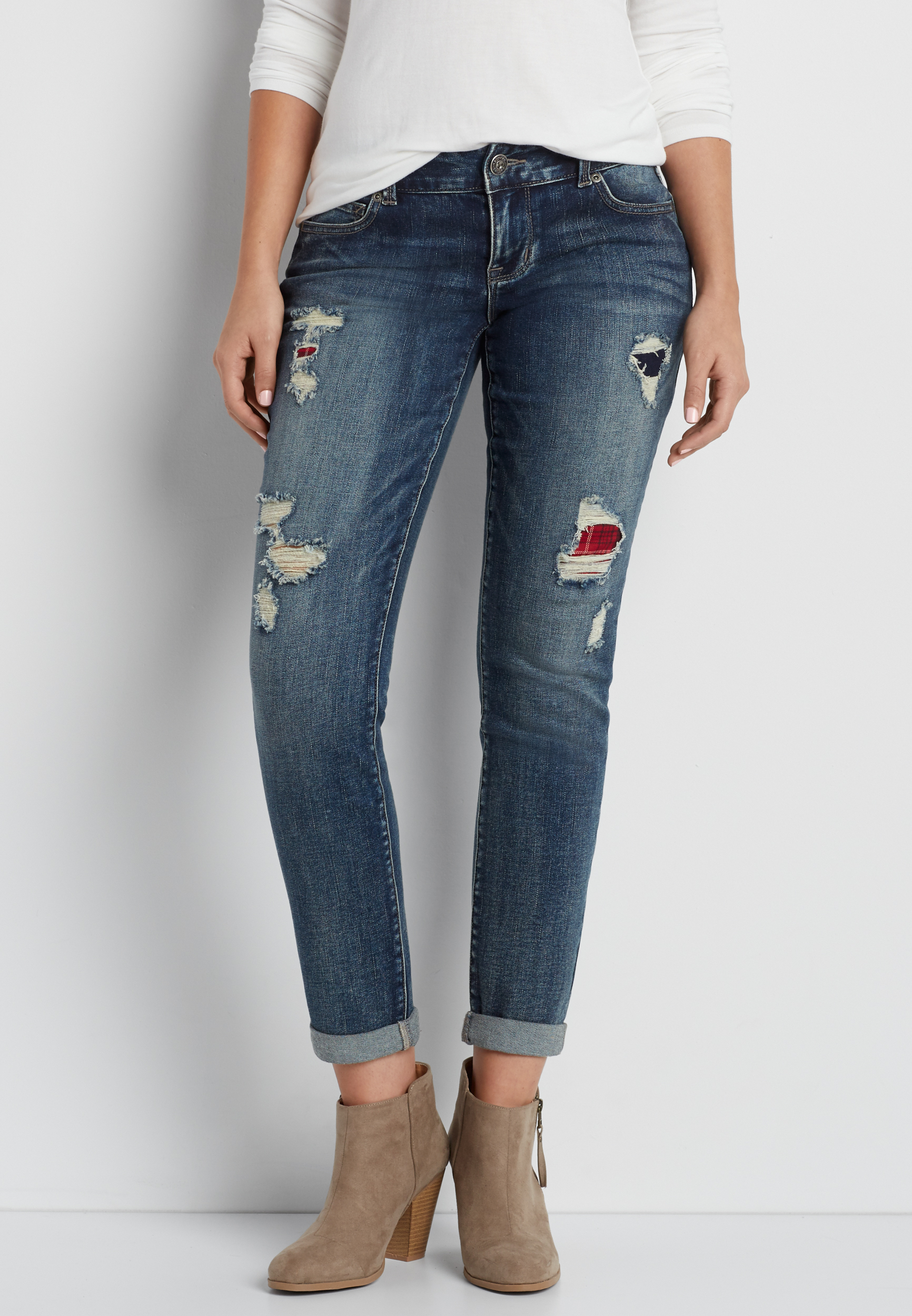 DenimFlex™ skinny boyfriend jeans in dark wash with plaid lined