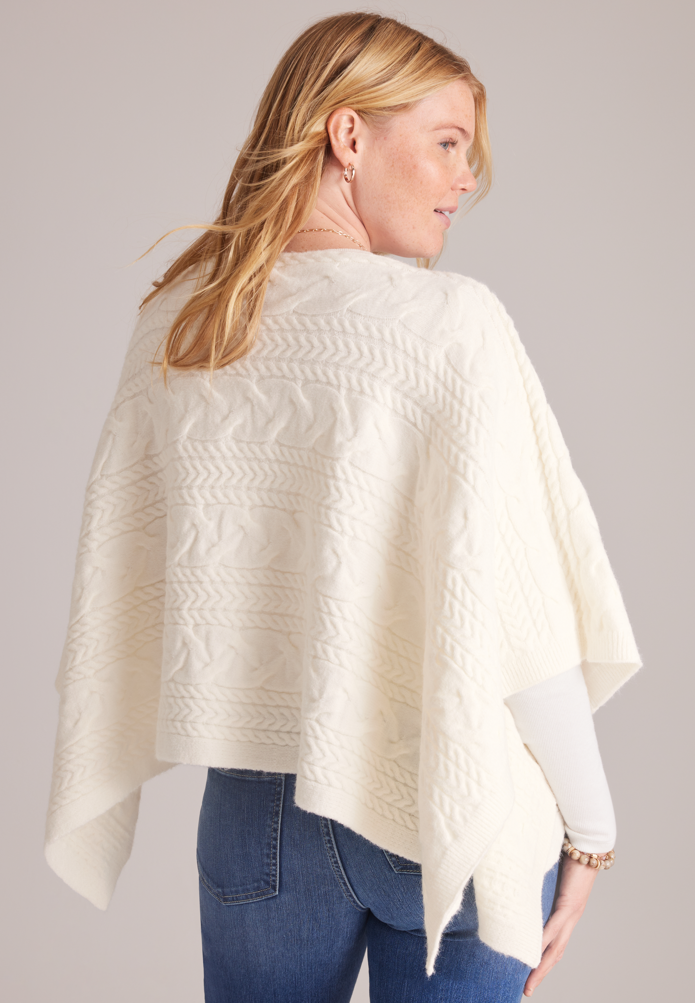 Cable Knit Boat Neck Sweater Poncho, C596, large