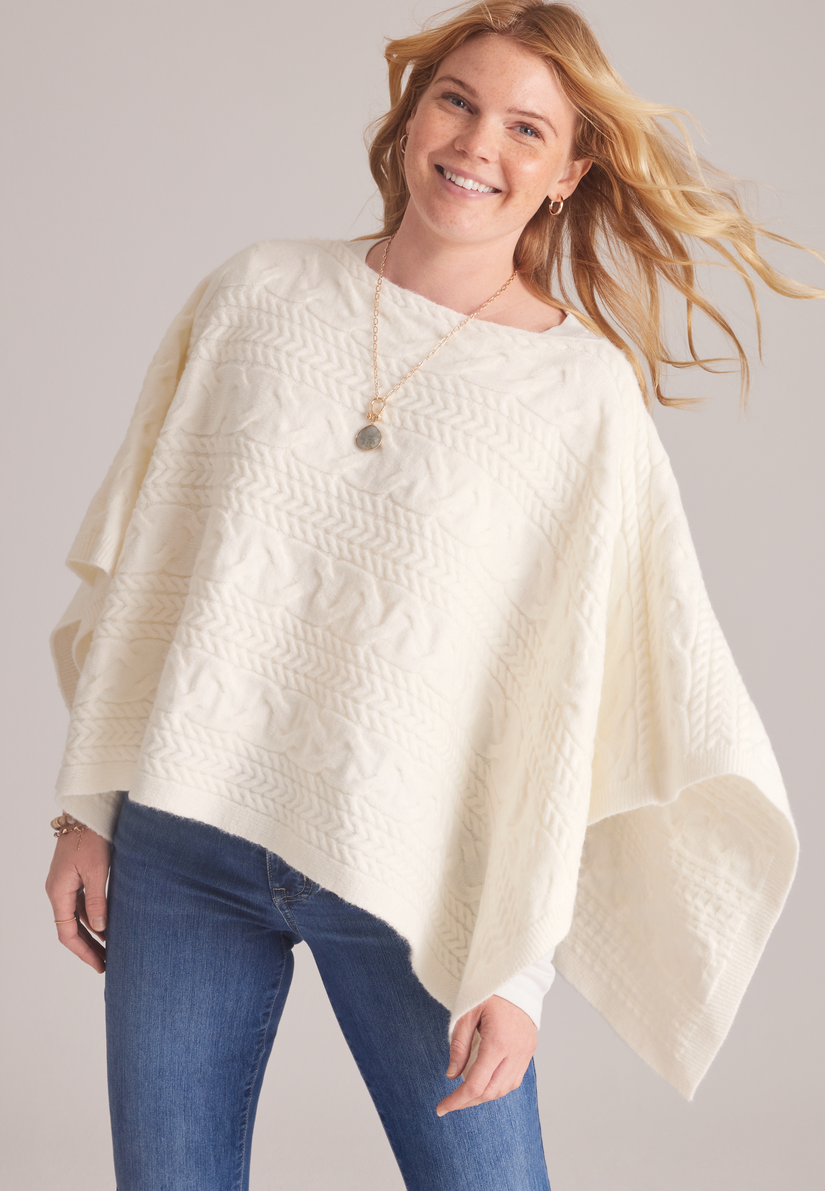 Cable Knit Boat Neck Sweater Poncho, C596, large