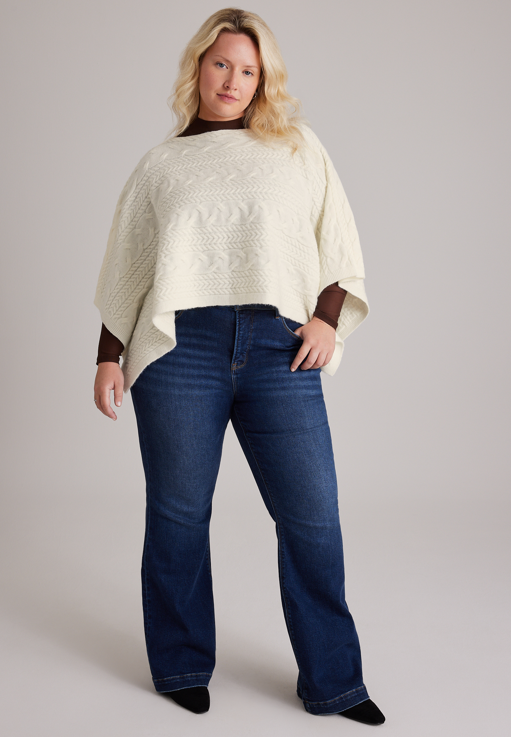 Cable Knit Boat Neck Sweater Poncho, C596, large