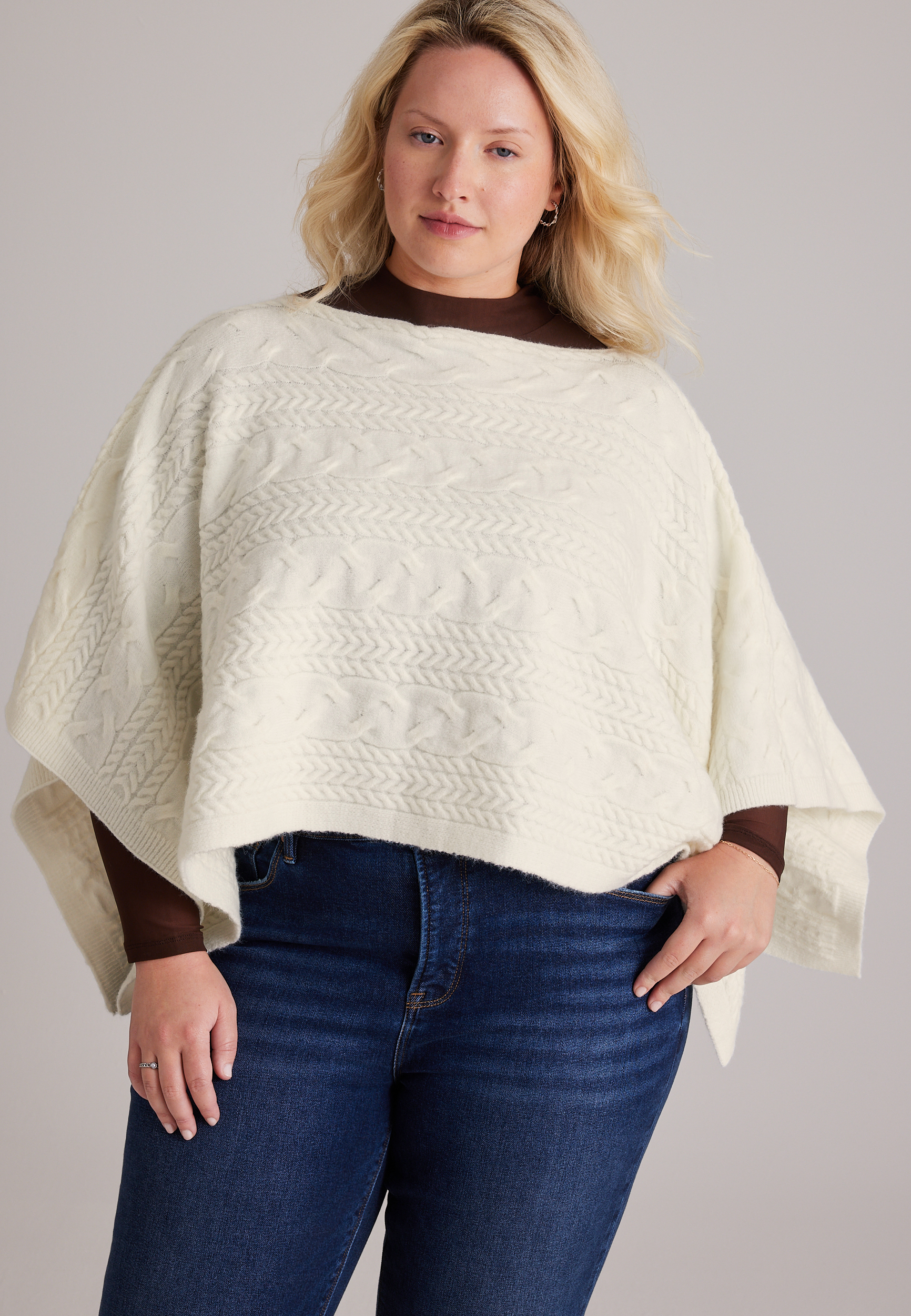 Cable Knit Boat Neck Sweater Poncho, C596, large
