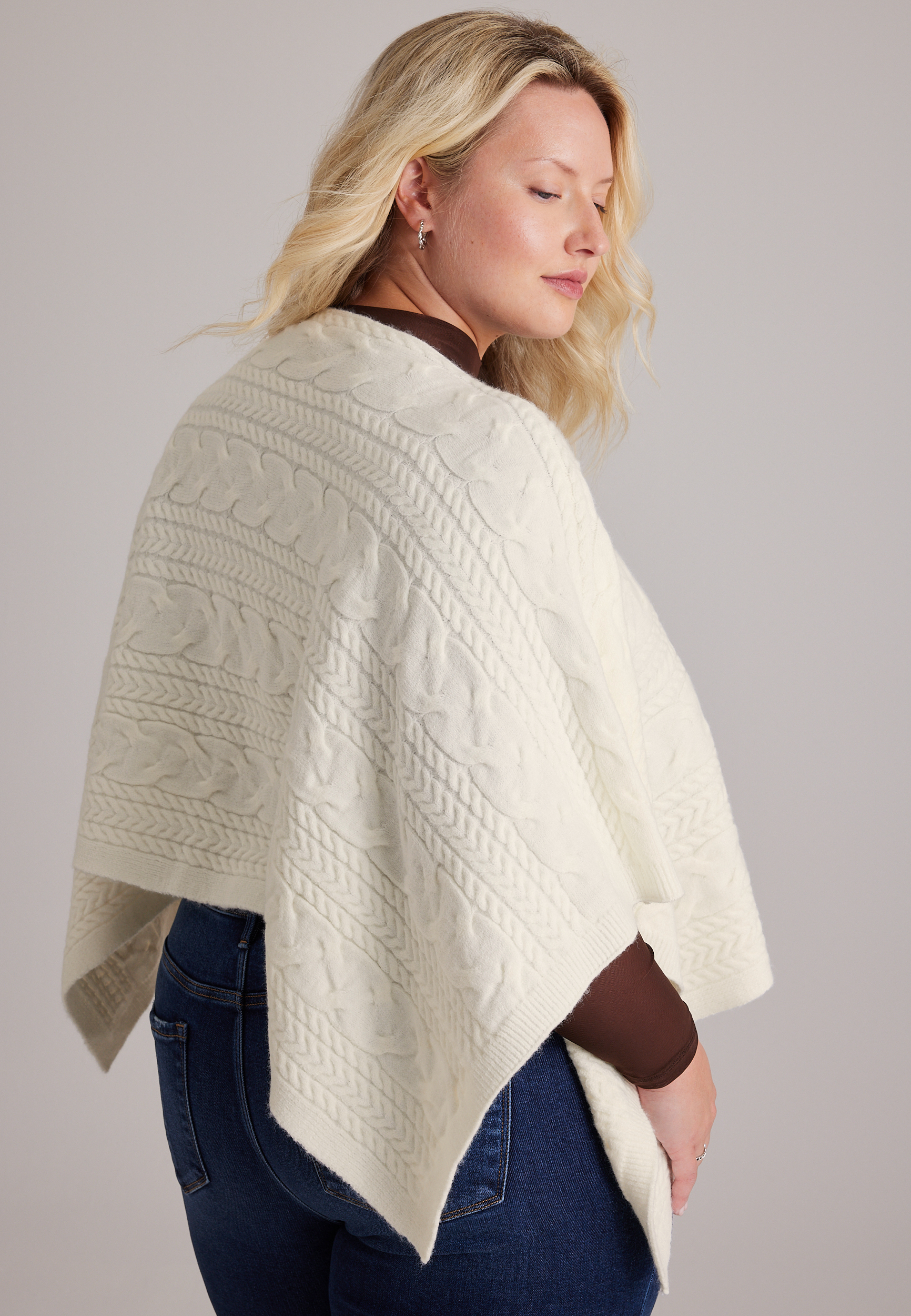 Cable Knit Boat Neck Sweater Poncho, C596, large