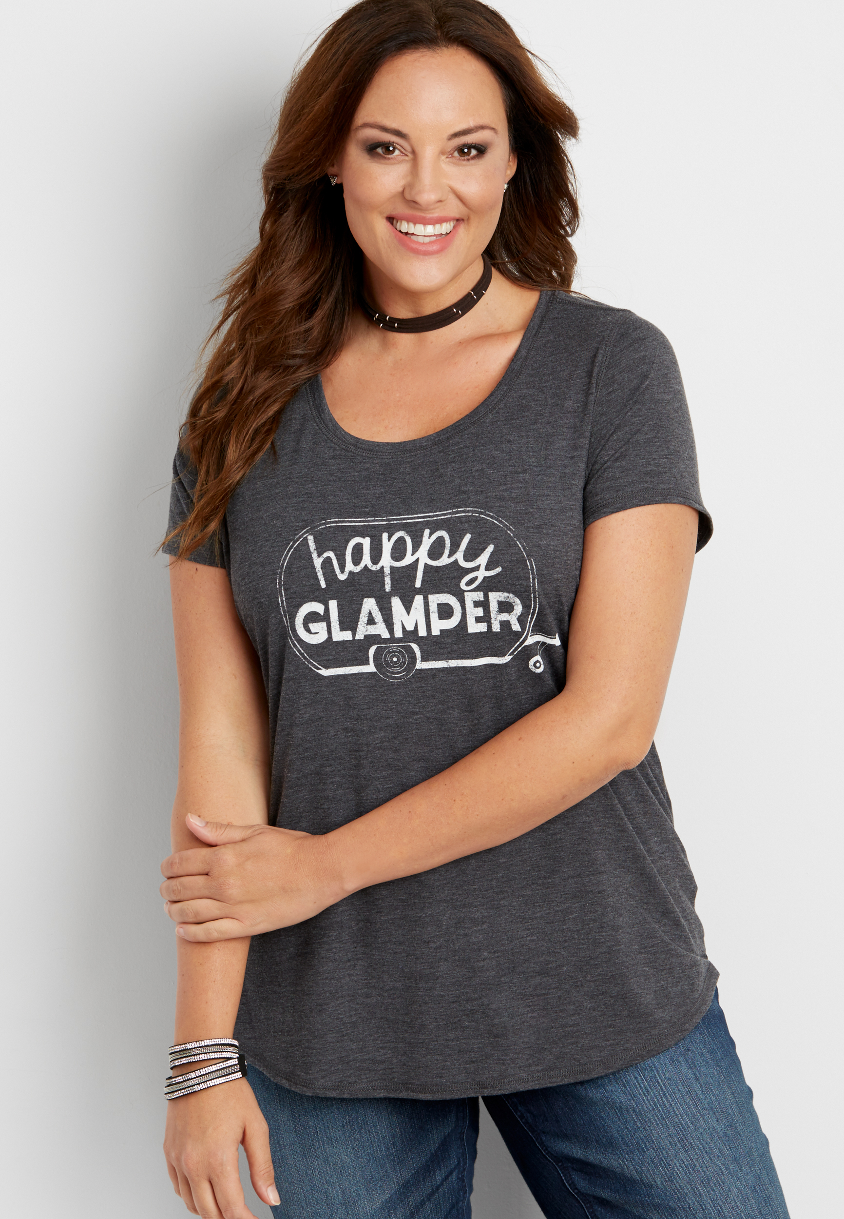 plus size heathered tee with happy glamper graphic | maurices