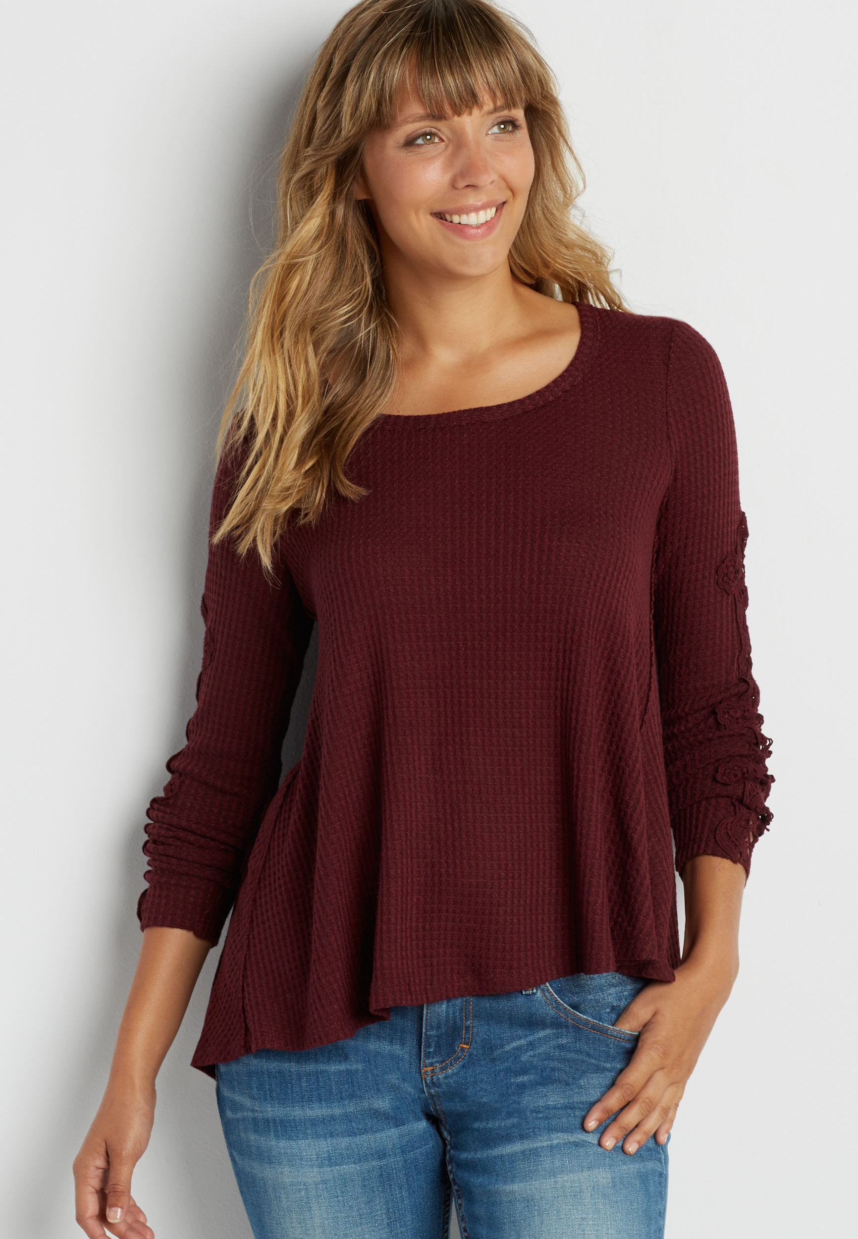 waffle knit swing top with crocheted arms | maurices