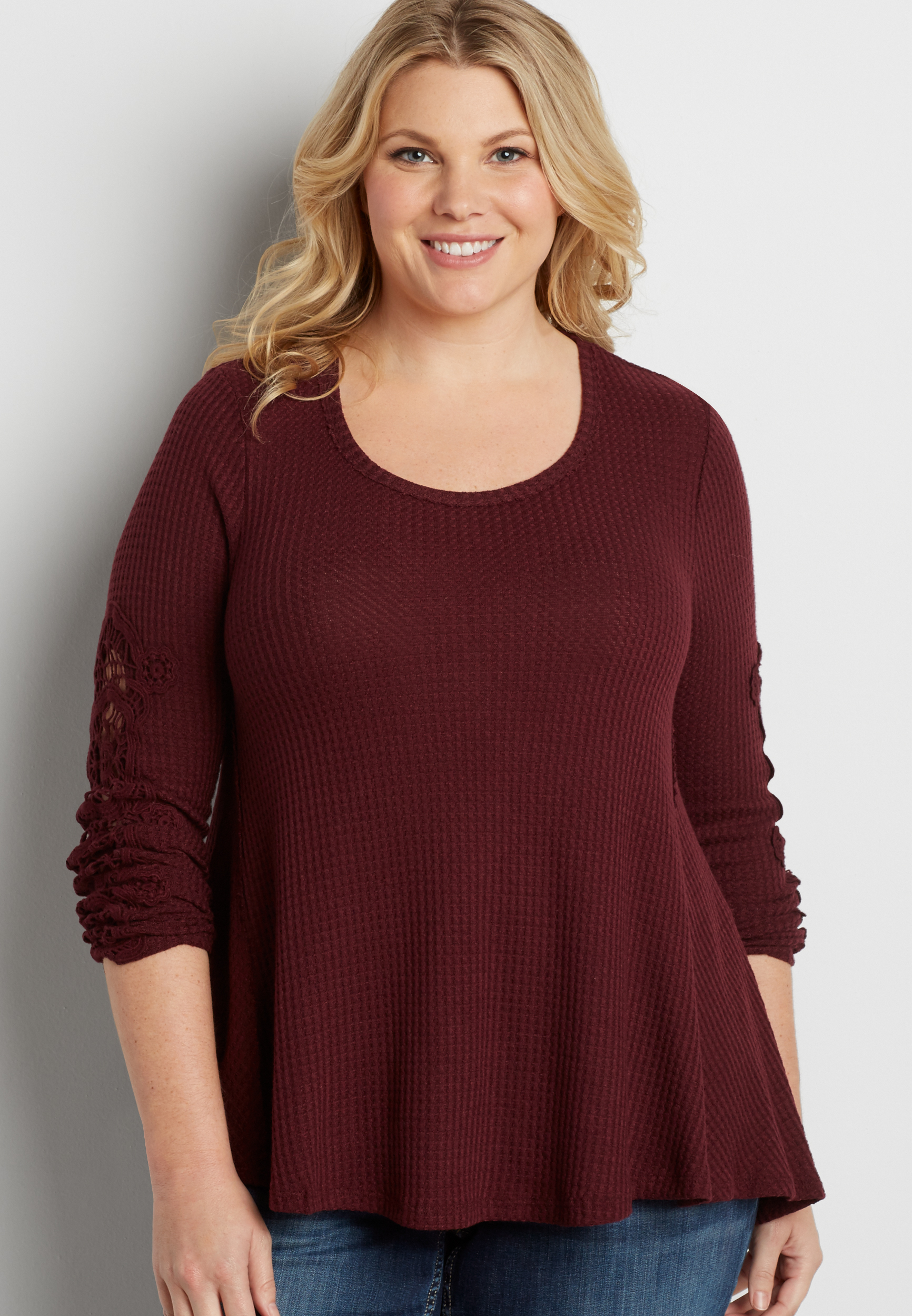 plus size waffle knit swing top with crocheted arms | maurices