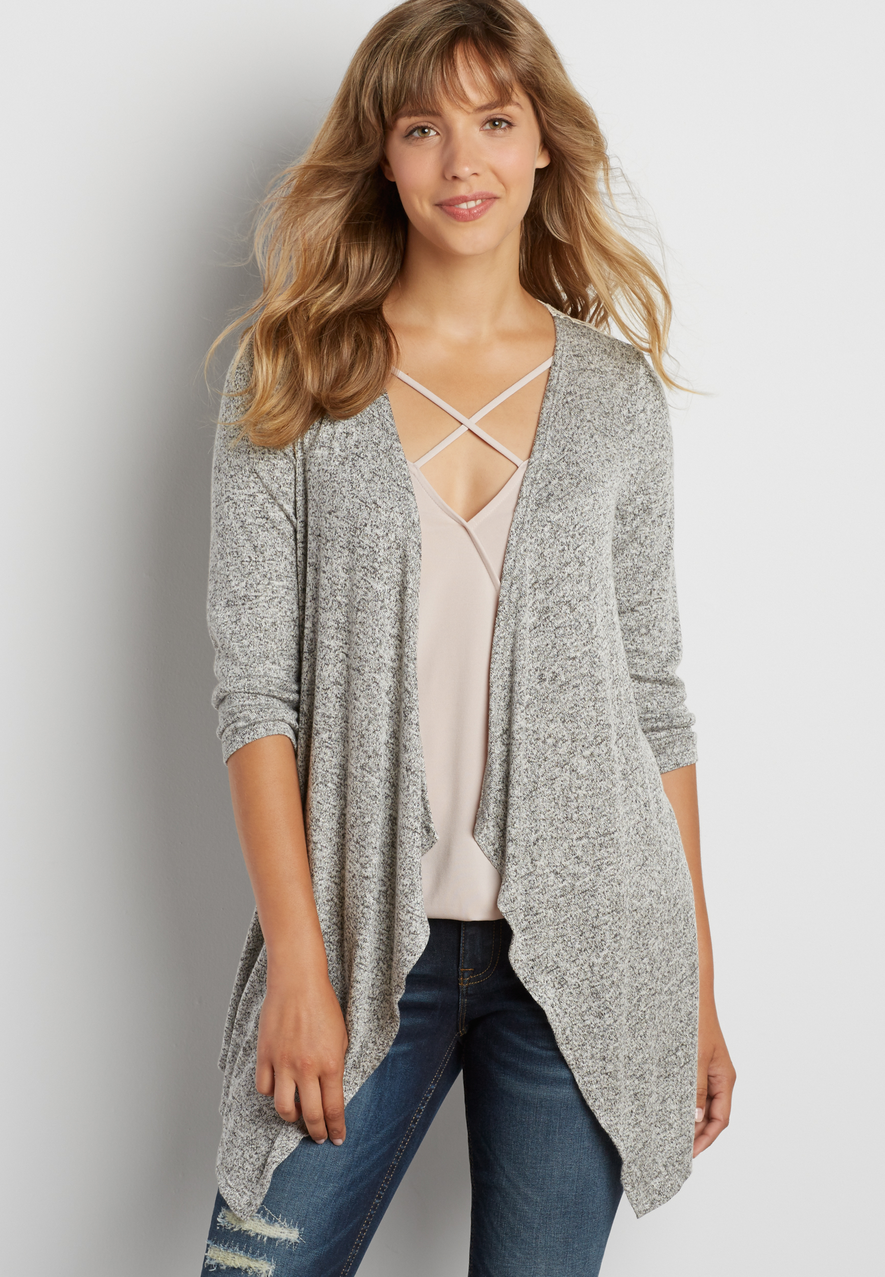 drapey cardigan with crochet back overlay | maurices
