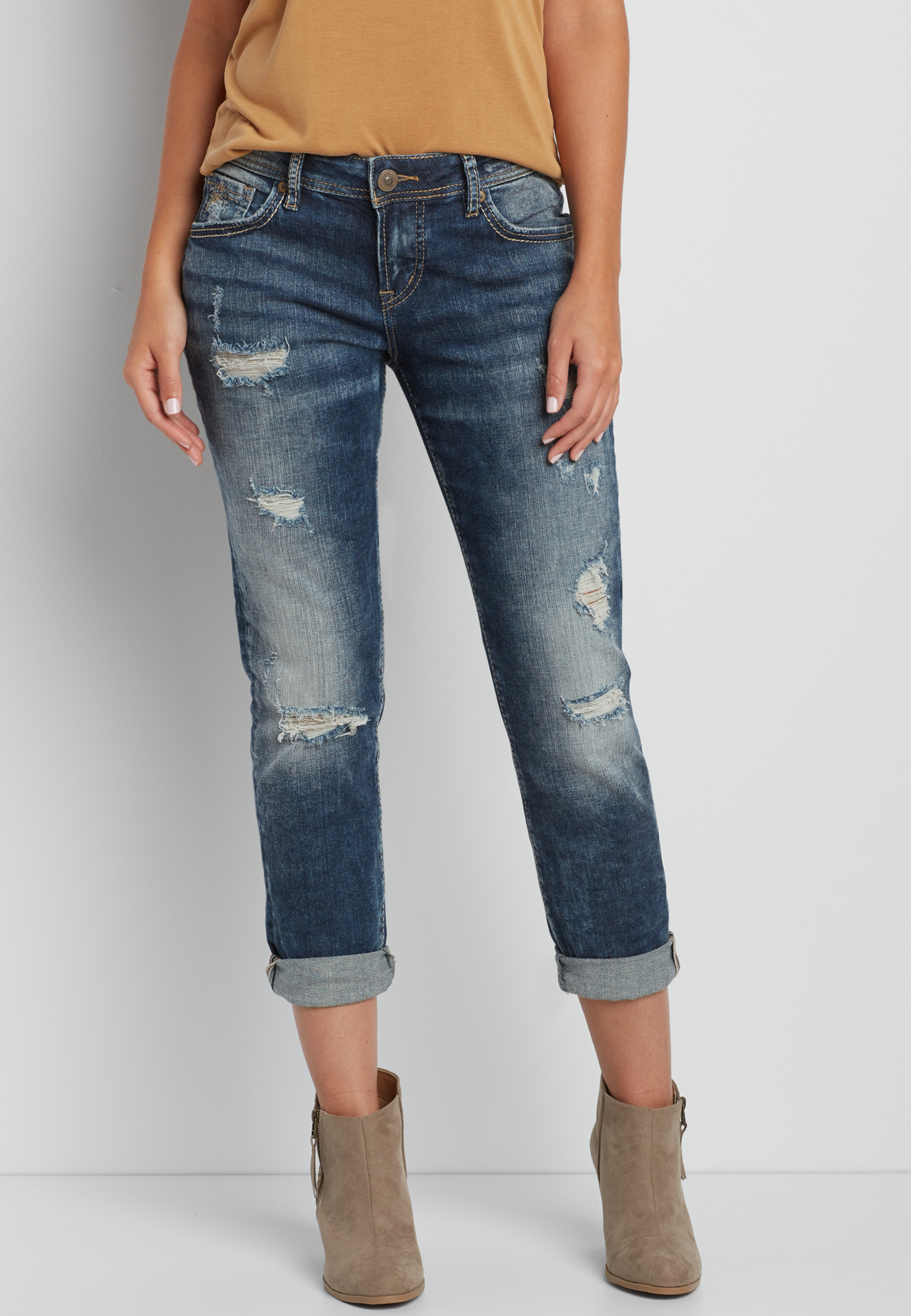 Silver Jeans Co.® super stretch boyfriend jeans with destruction maurices