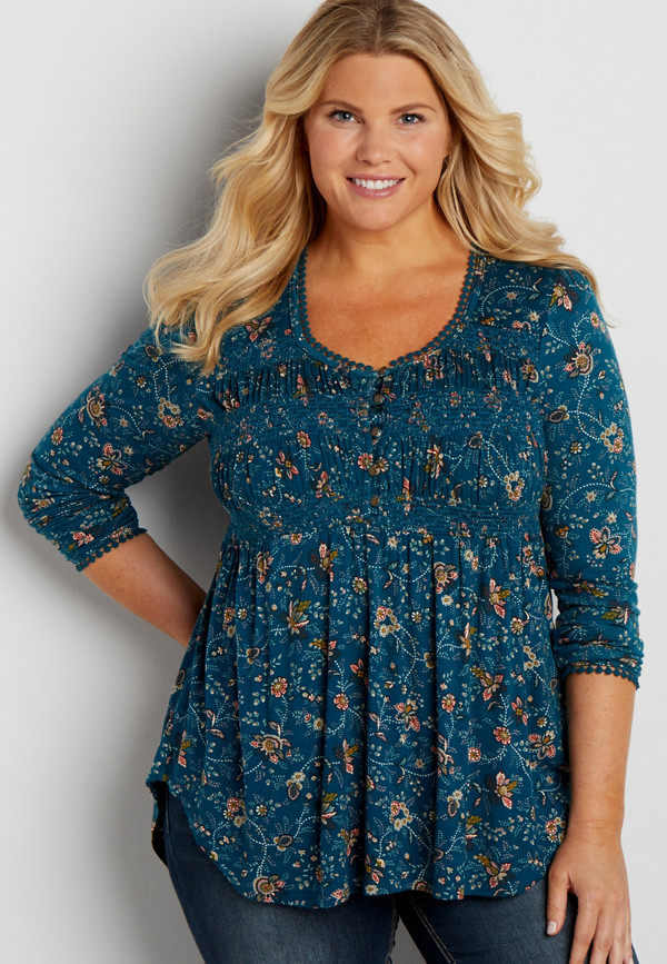 plus size peasant top in floral print with smocking | maurices
