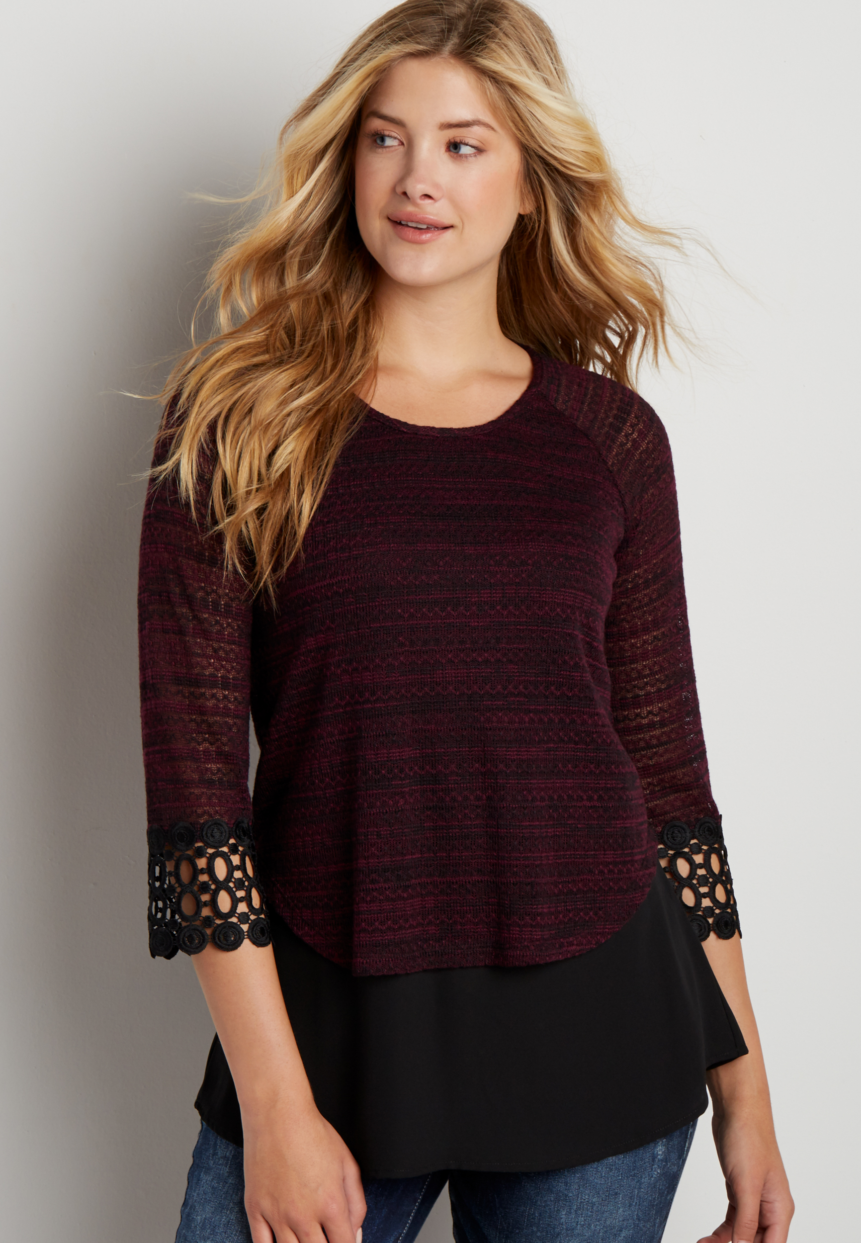 pullover with chiffon hem and crochet | maurices
