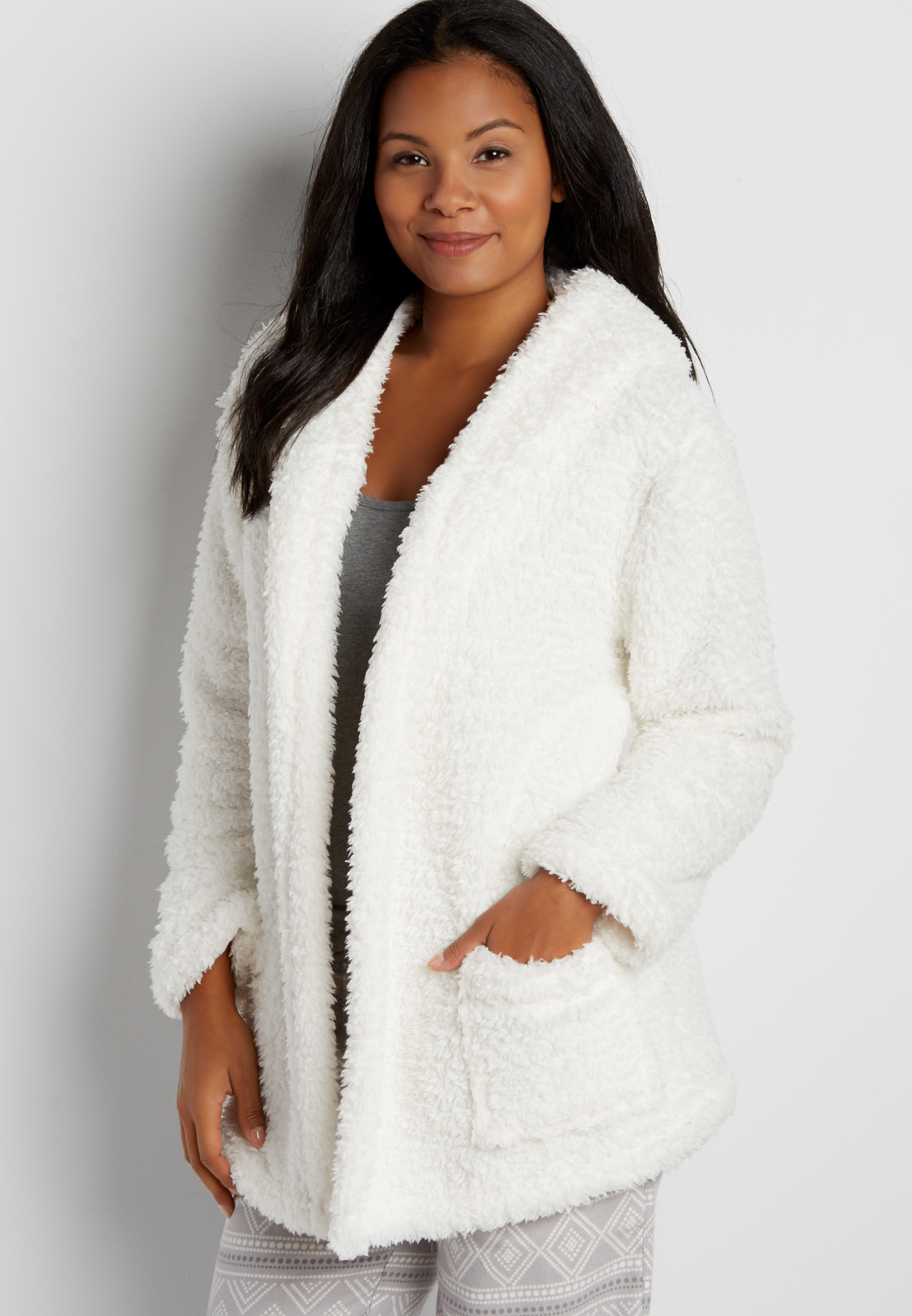 ultra soft faux sherpa sleep robe in soft white | maurices