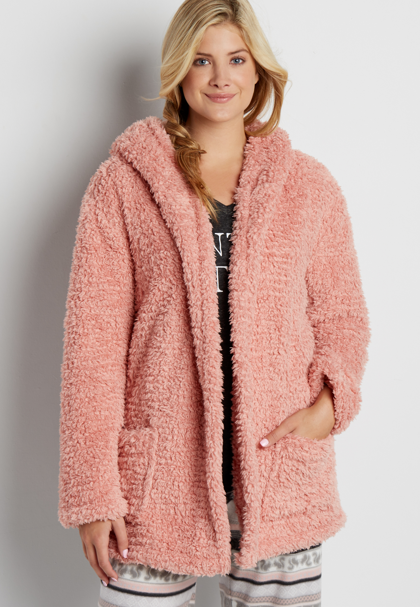 ultra soft faux sherpa sleep robe in pink maurices