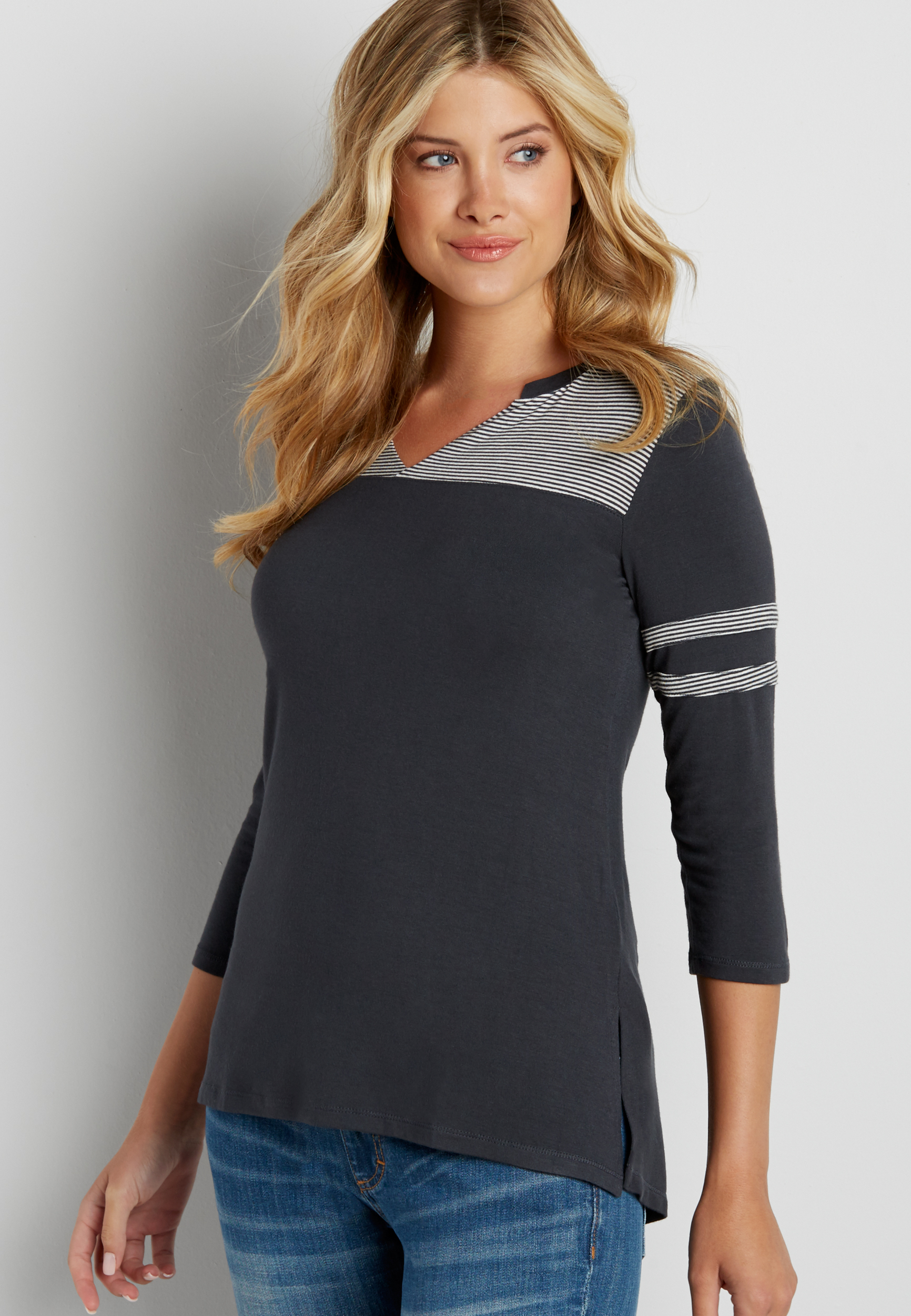 football tee with slit neckline and stripes | maurices