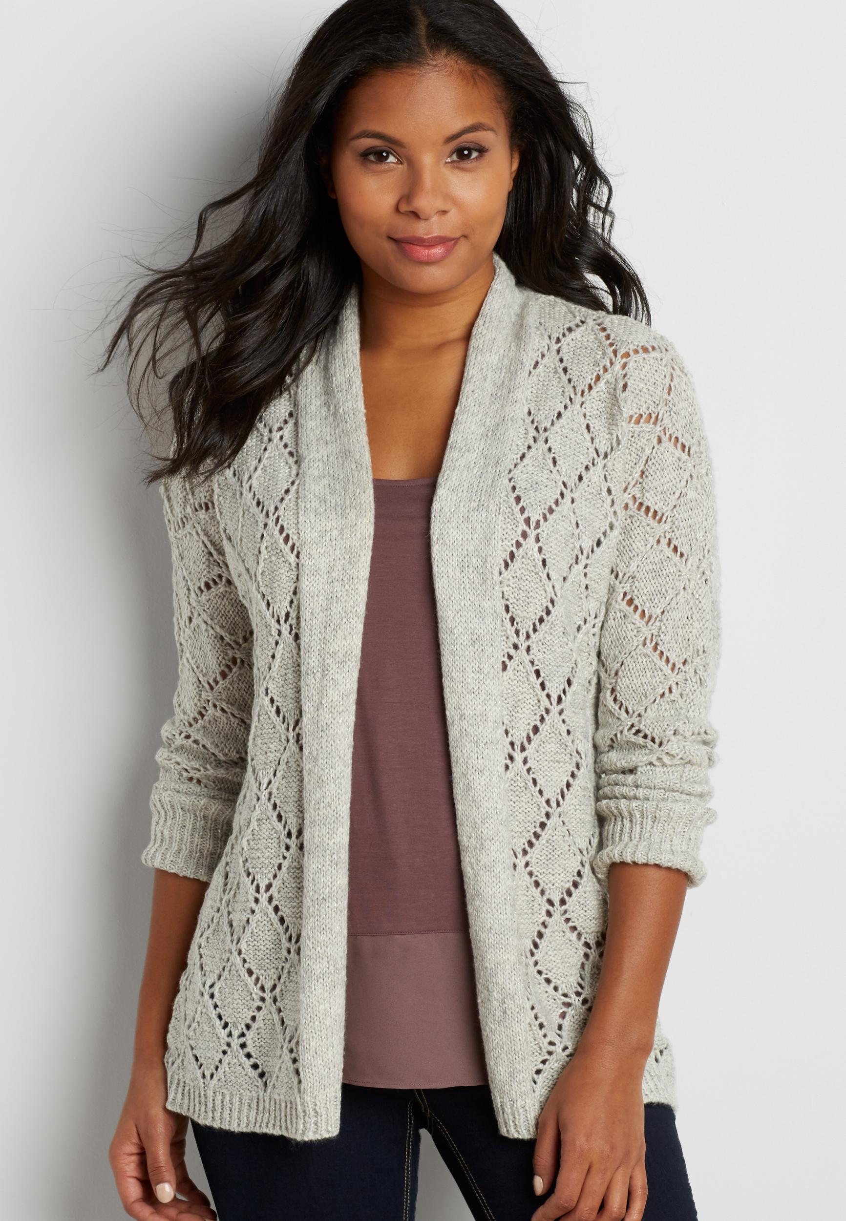 diamond stitched cardigan with metallic shimmer | maurices