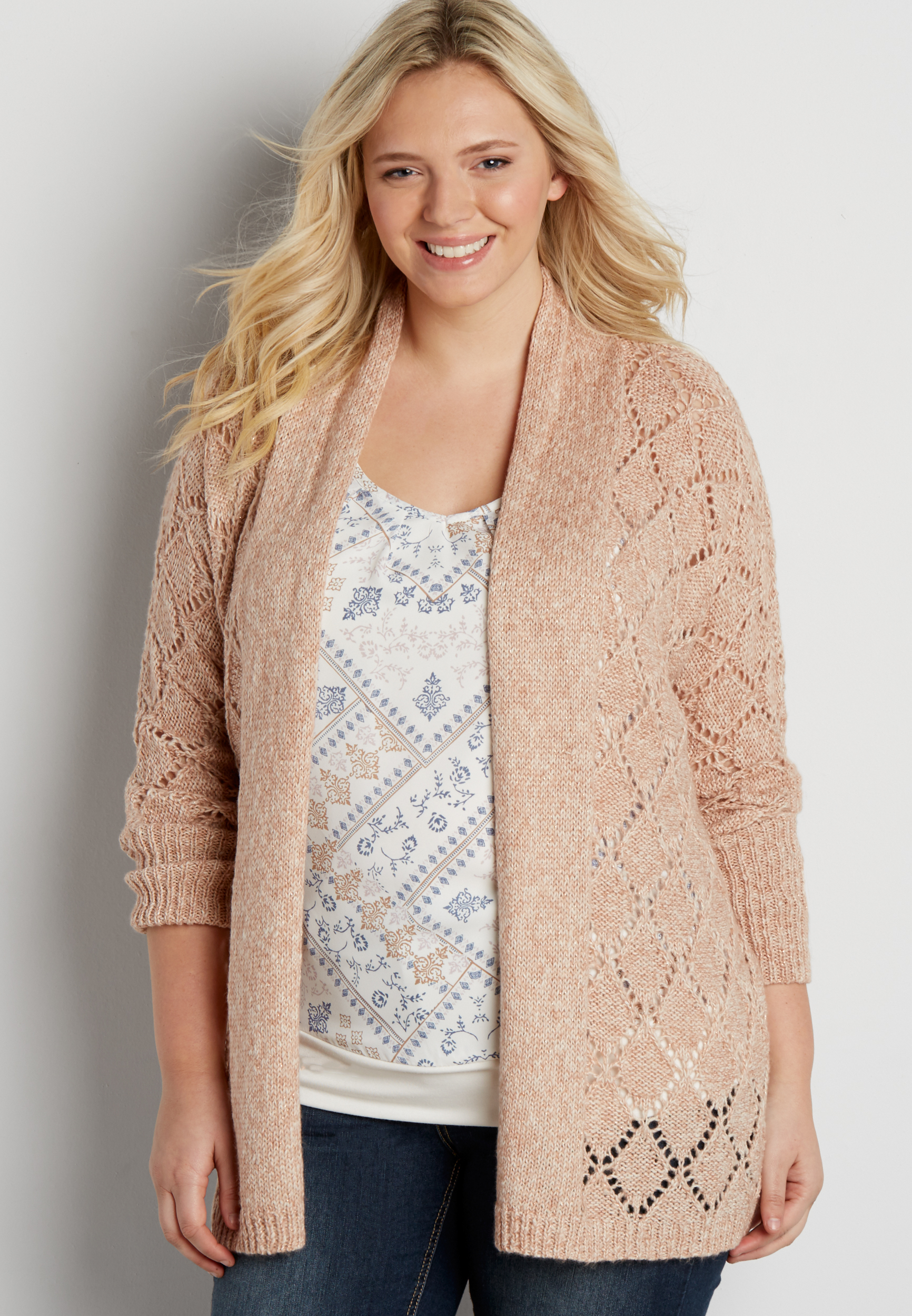 plus size diamond stitched cardigan with metallic shimmer | maurices