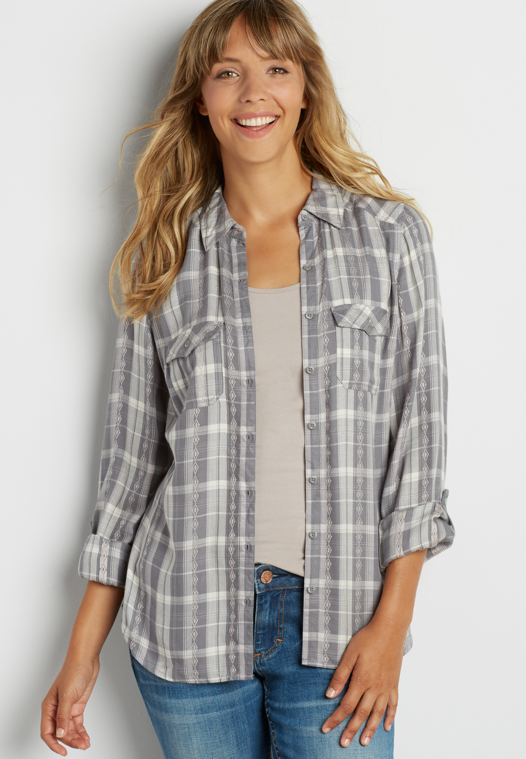 button down plaid shirt with embroidery | maurices