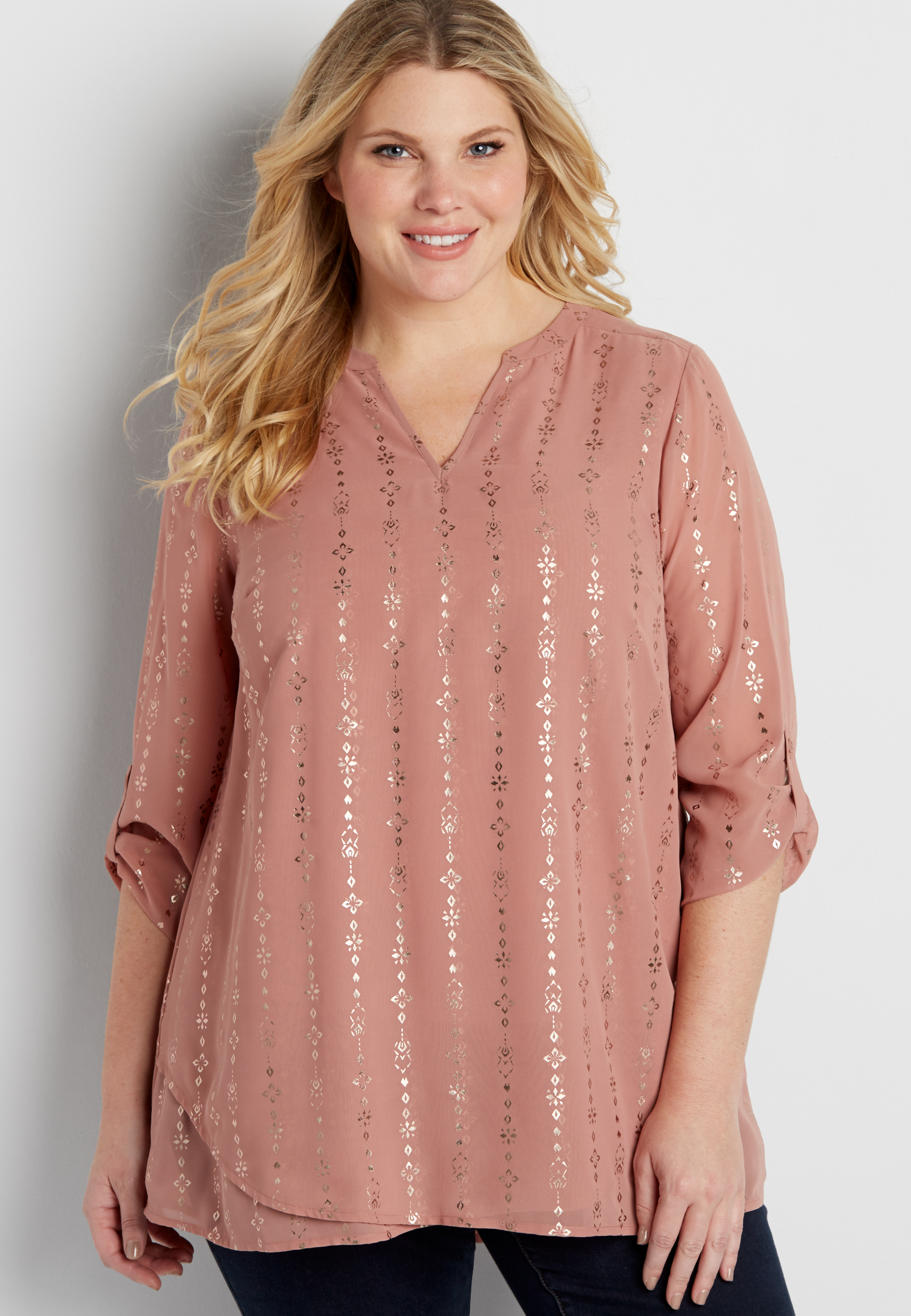 the perfect plus size tunic blouse in metallic ethnic print | maurices