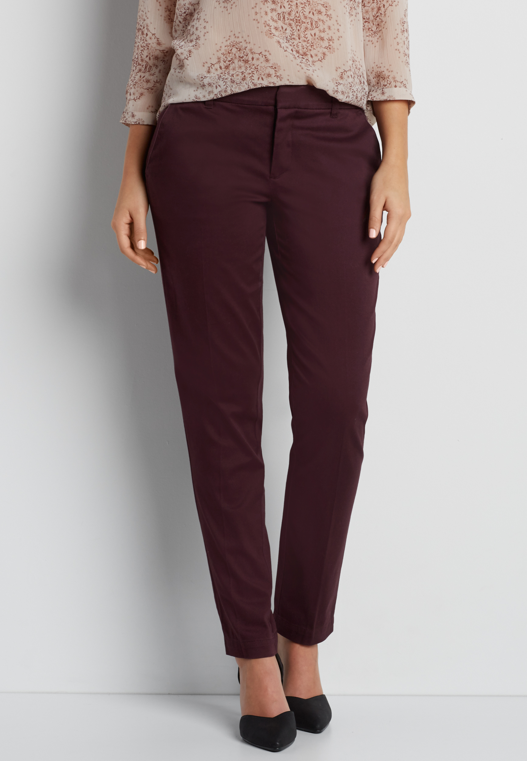 the smart sateen skinny ankle pant in deep cabernet | maurices