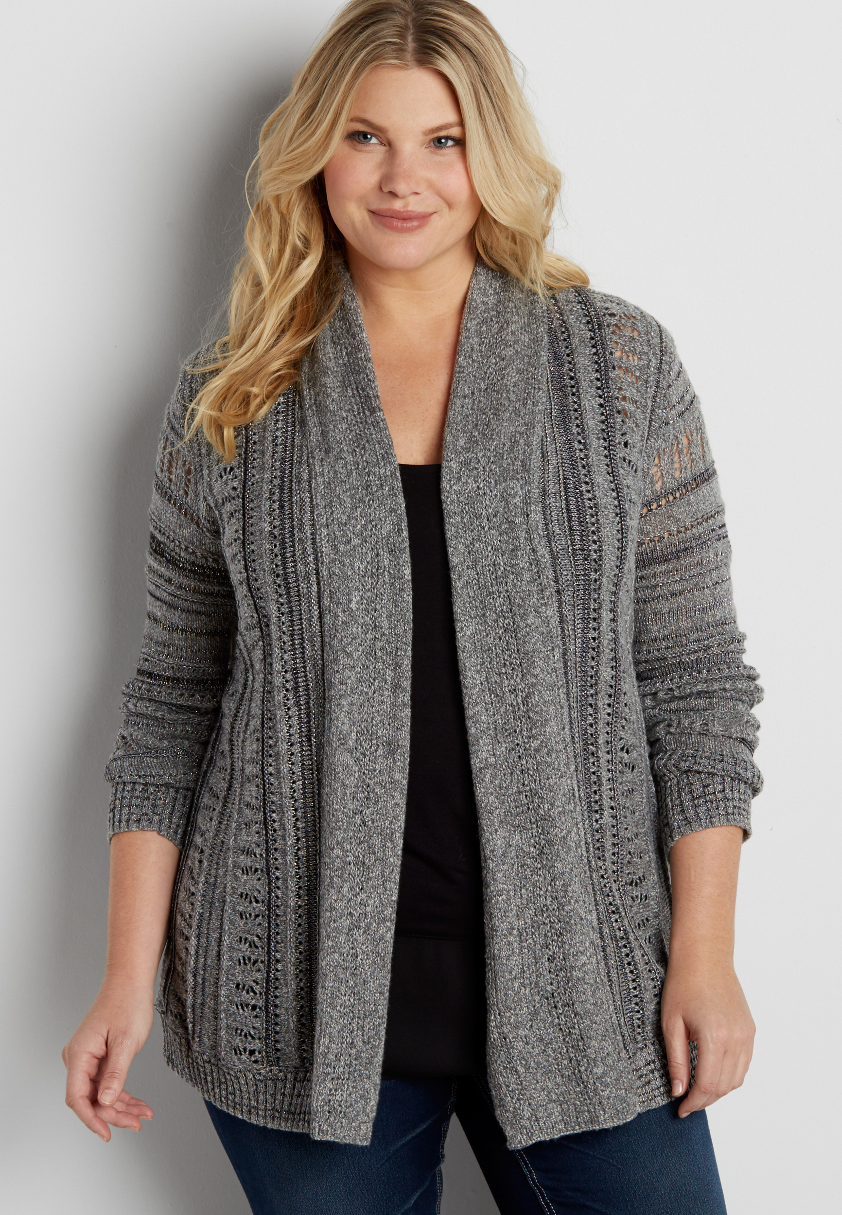 plus size striped cardigan with open and metallic stitching | maurices