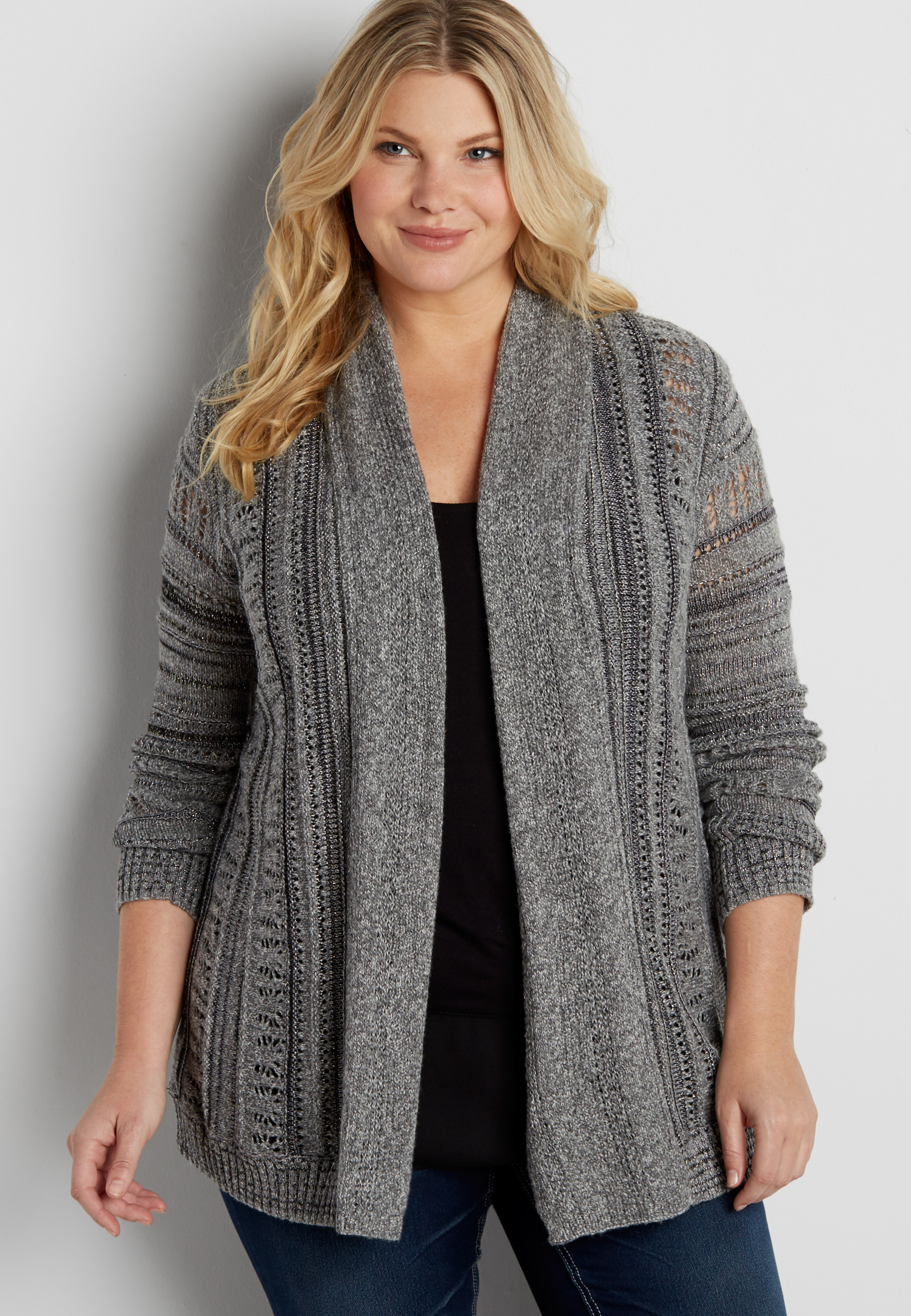 Women's Plus Size Striped Open-Front Cardigan