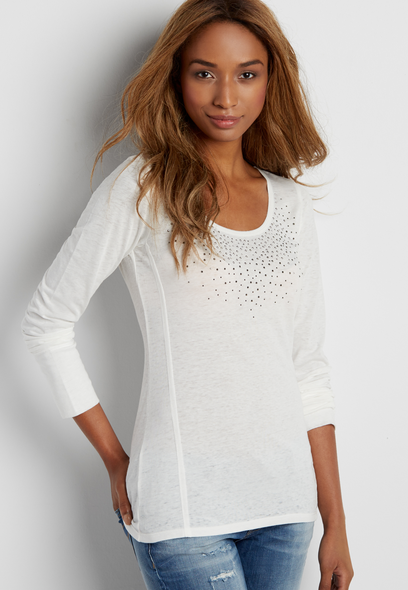 stud embellished burnout tee with long sleeves | maurices