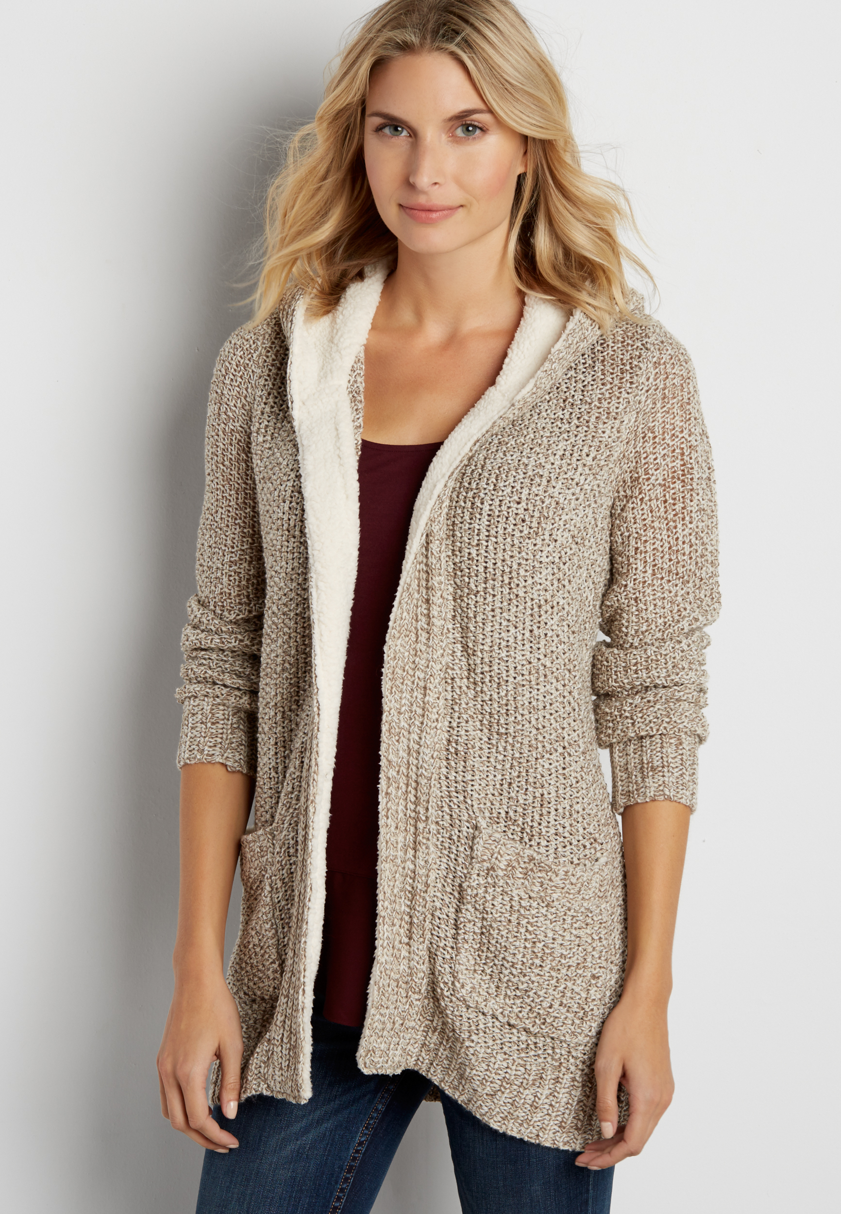 thick knit cardigan with faux sherpa lined hood and trim | maurices