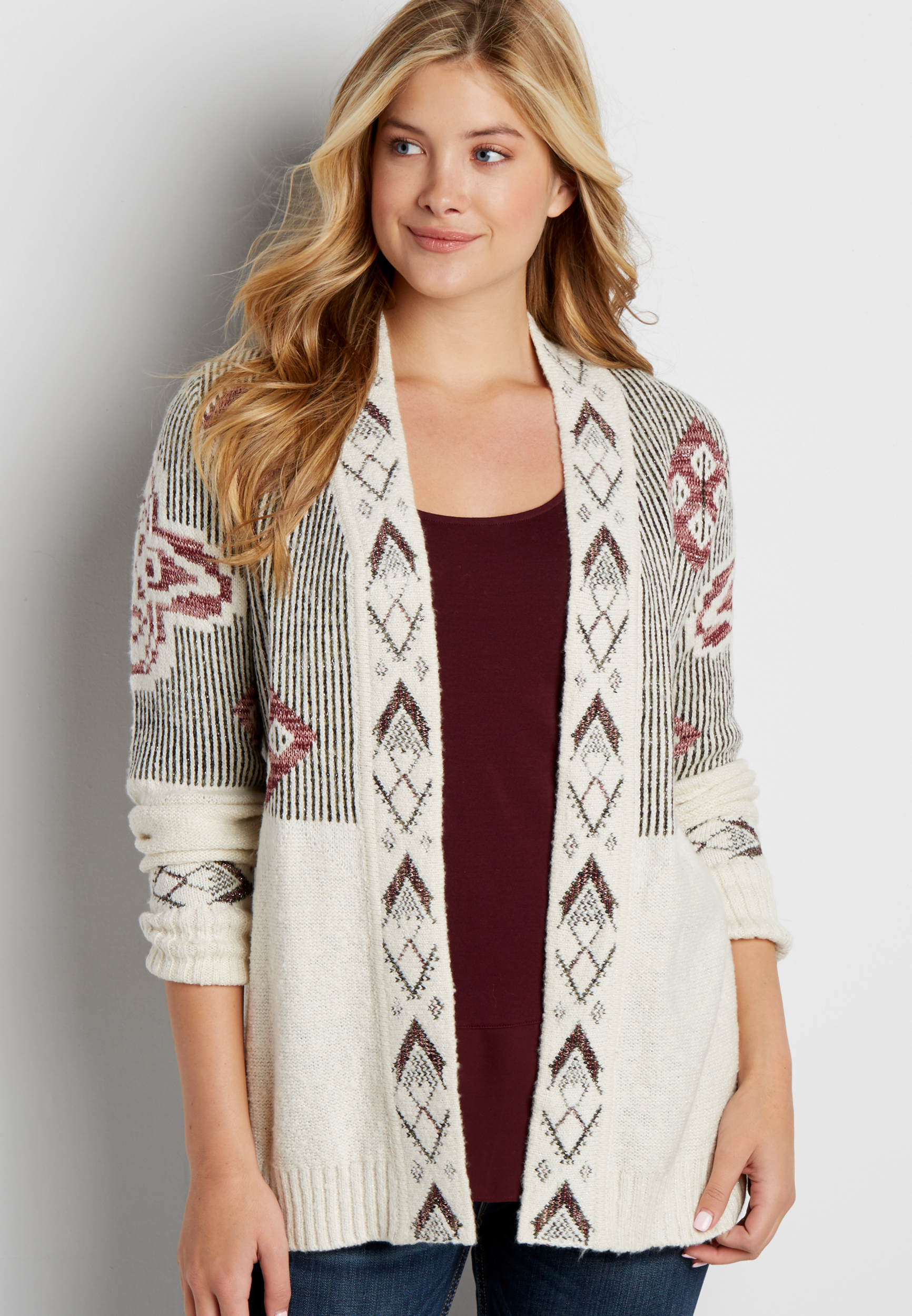 cardigan with ethnic design and metallic stitching | maurices