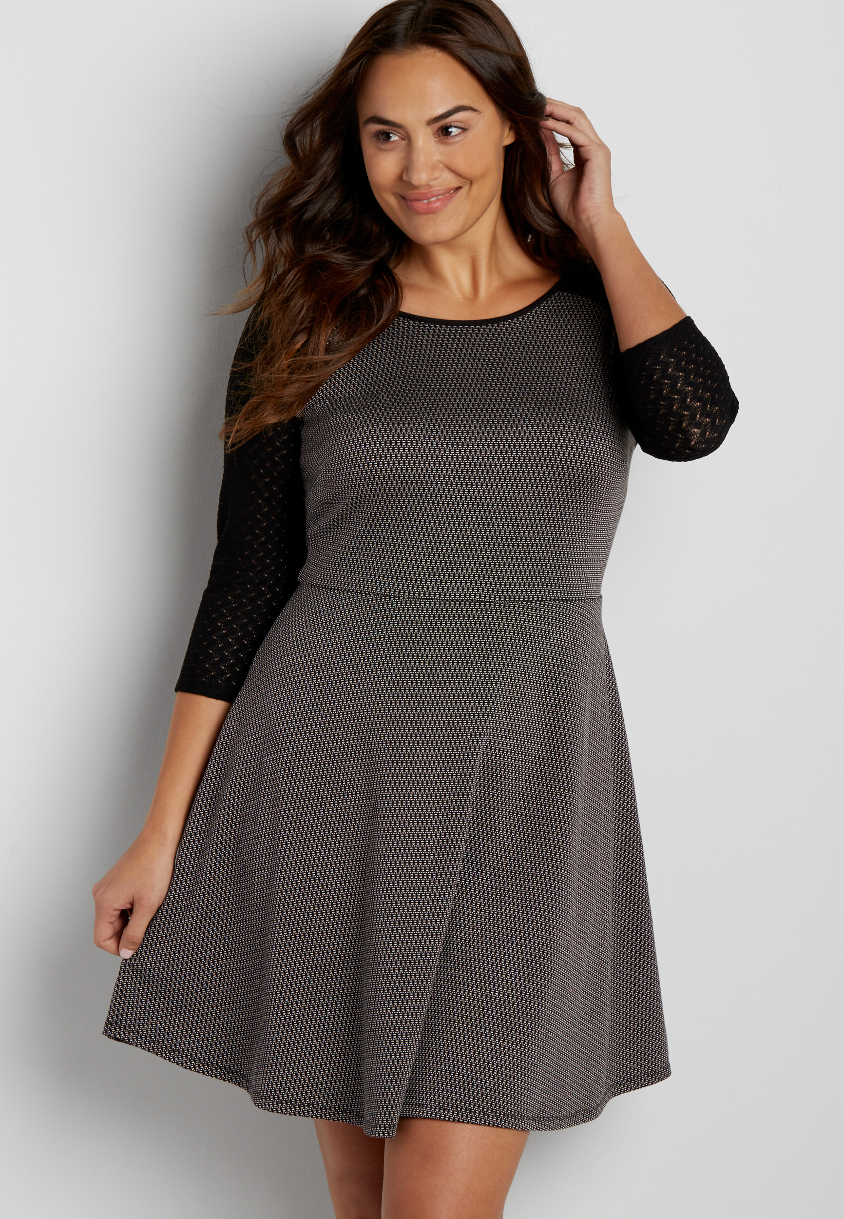 plus size patterned skater dress with lace sleeves | maurices