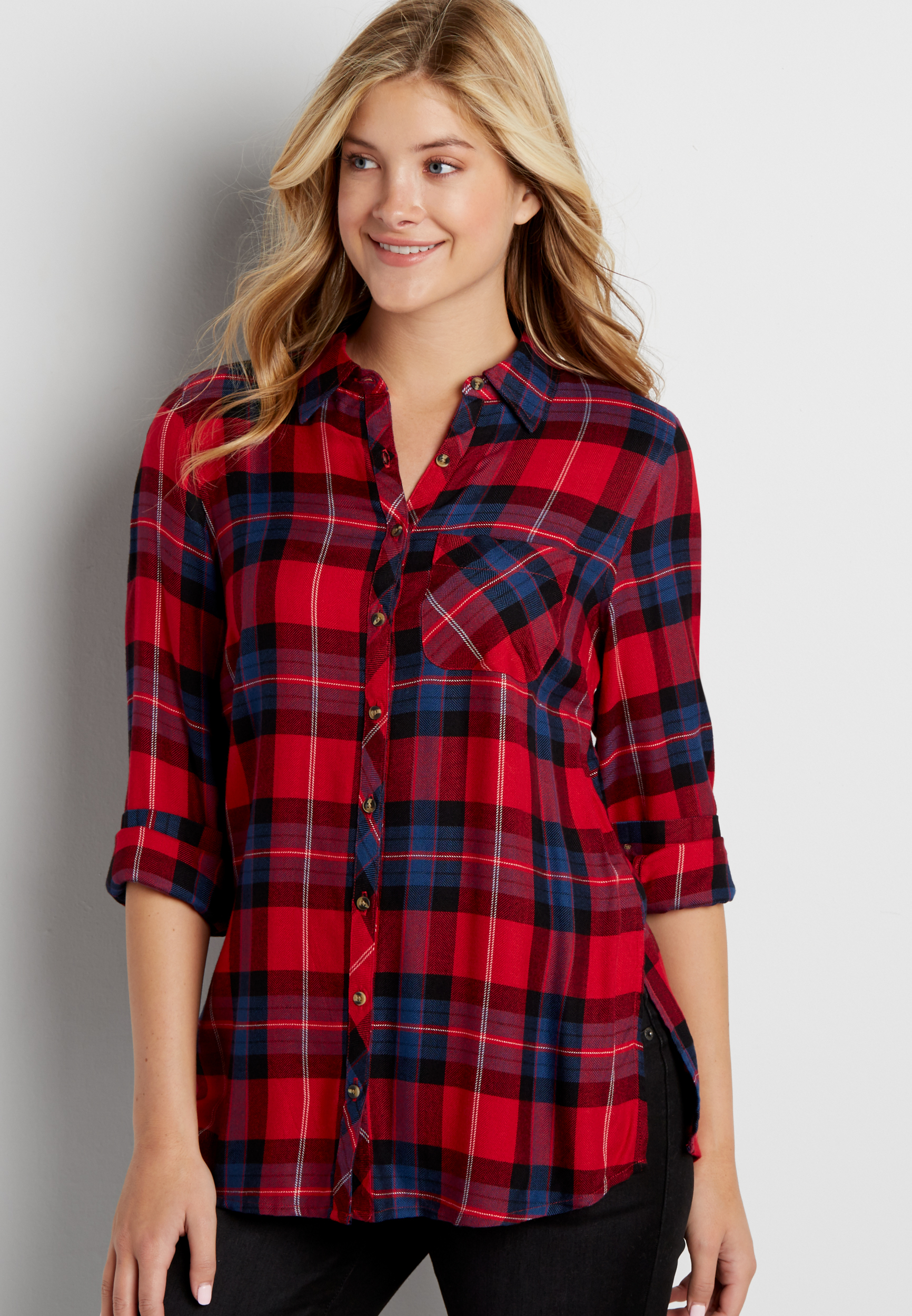button down plaid tunic shirt in holly red | maurices