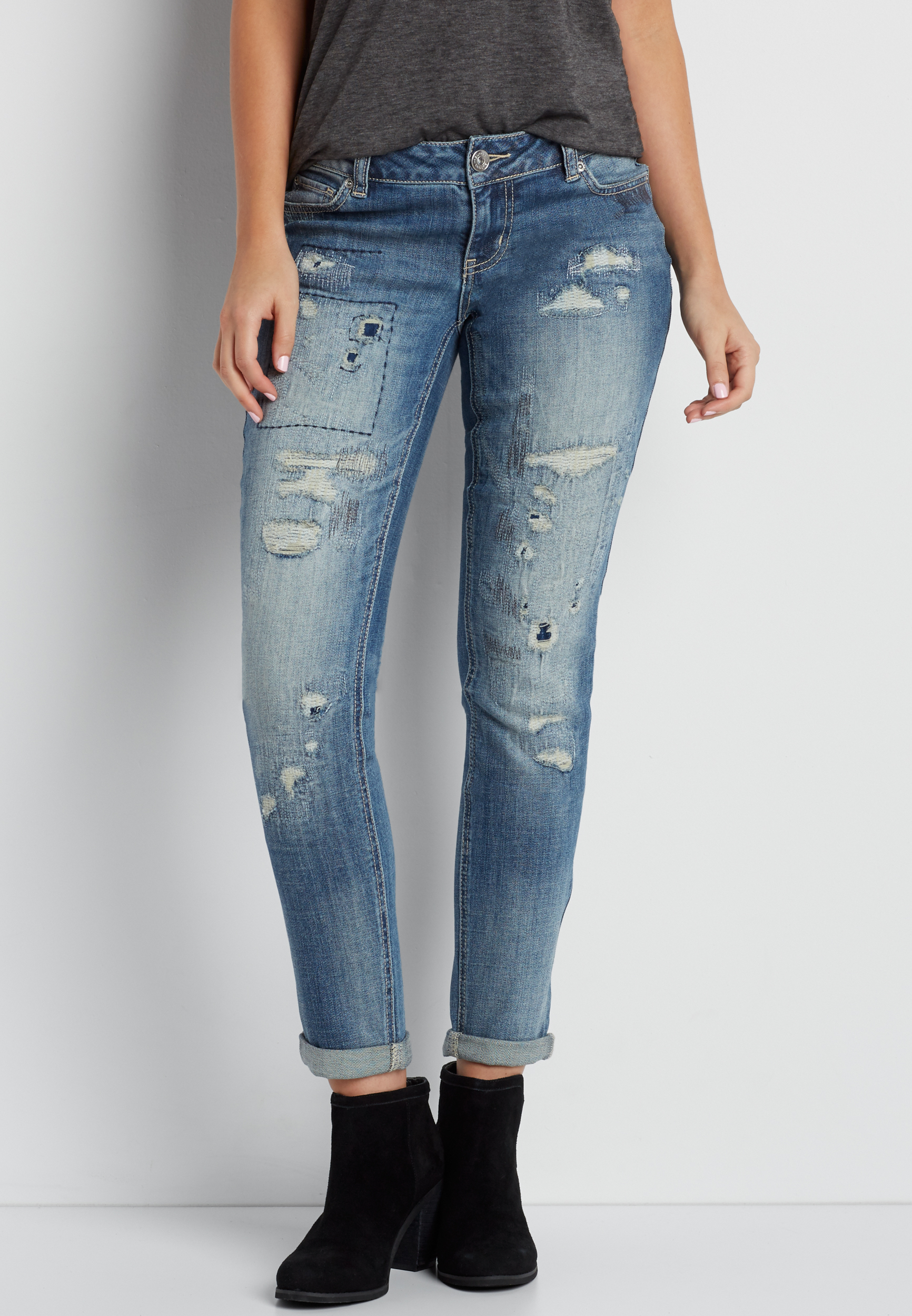 DenimFlex™ skinny jeans with lined destruction in medium wash | maurices