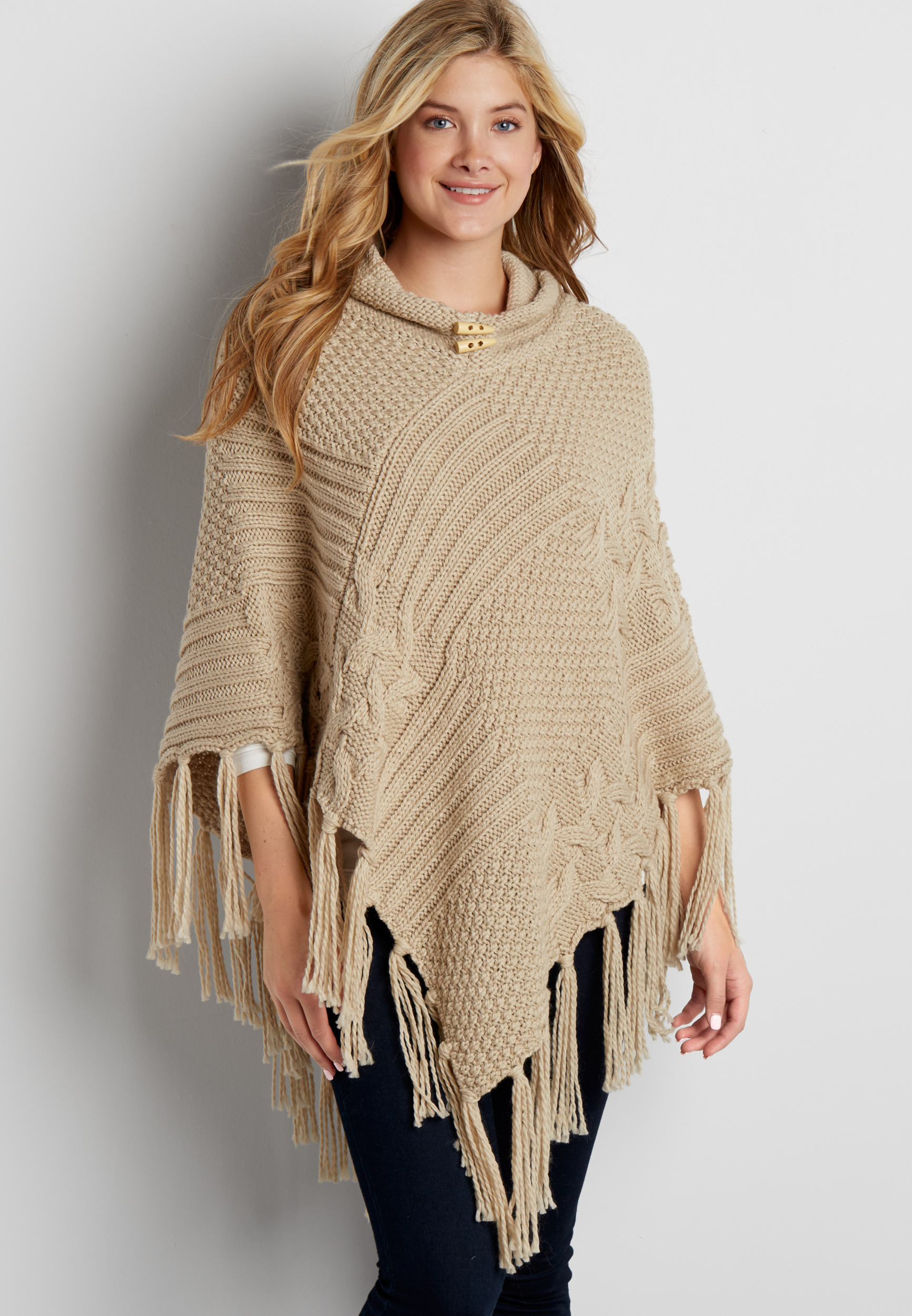 patchwork stitched poncho with wooden toggles | maurices