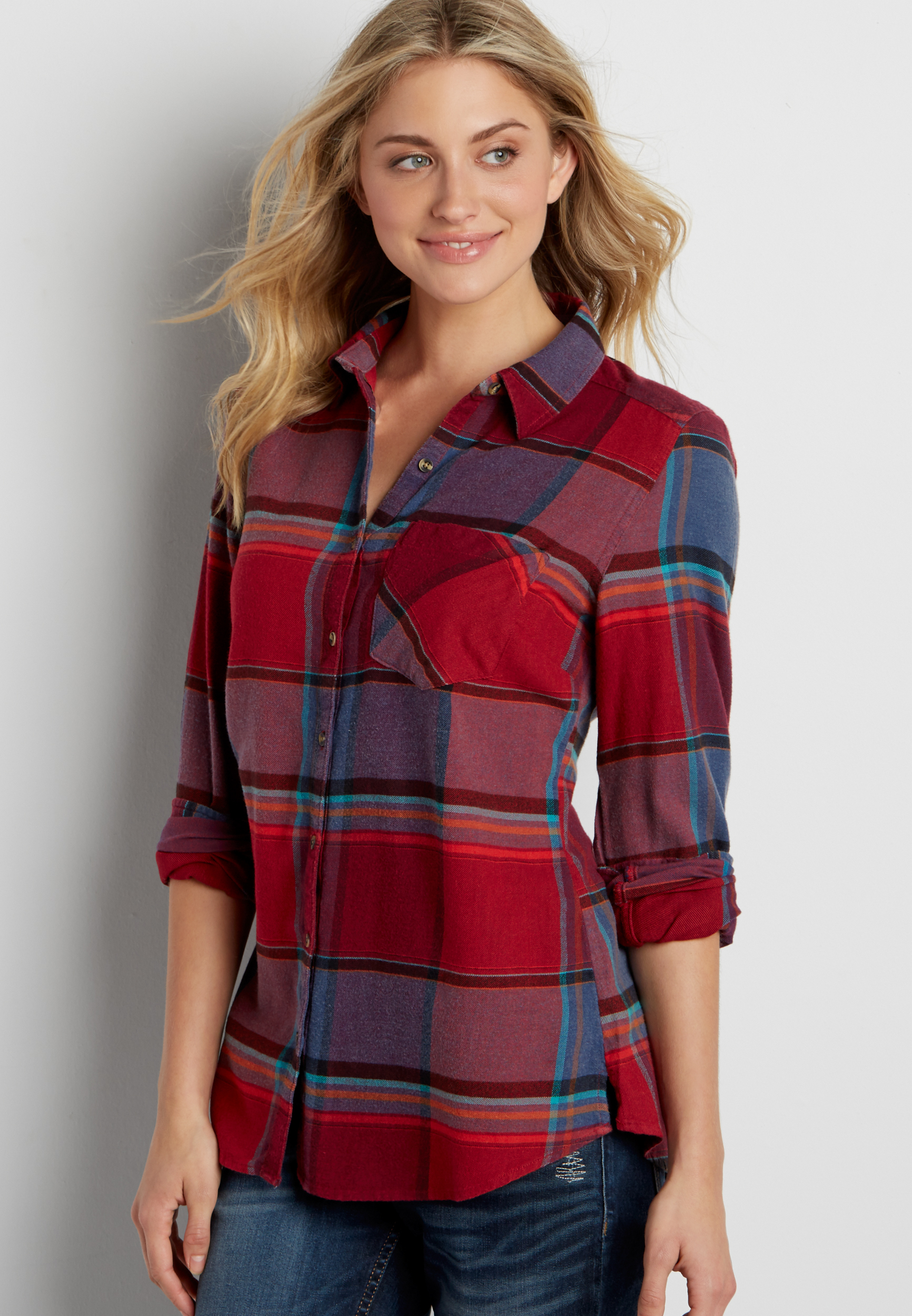 button down multicolor plaid shirt | maurices