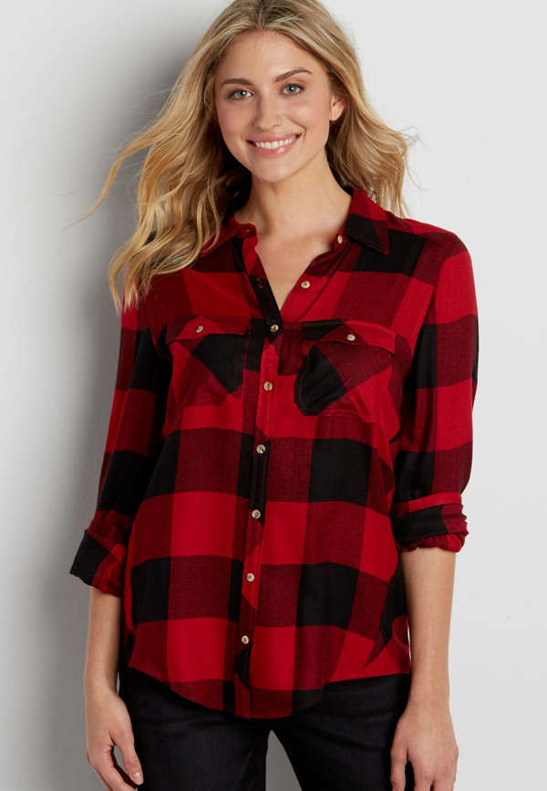 button down shirt in red and black buffalo plaid | maurices