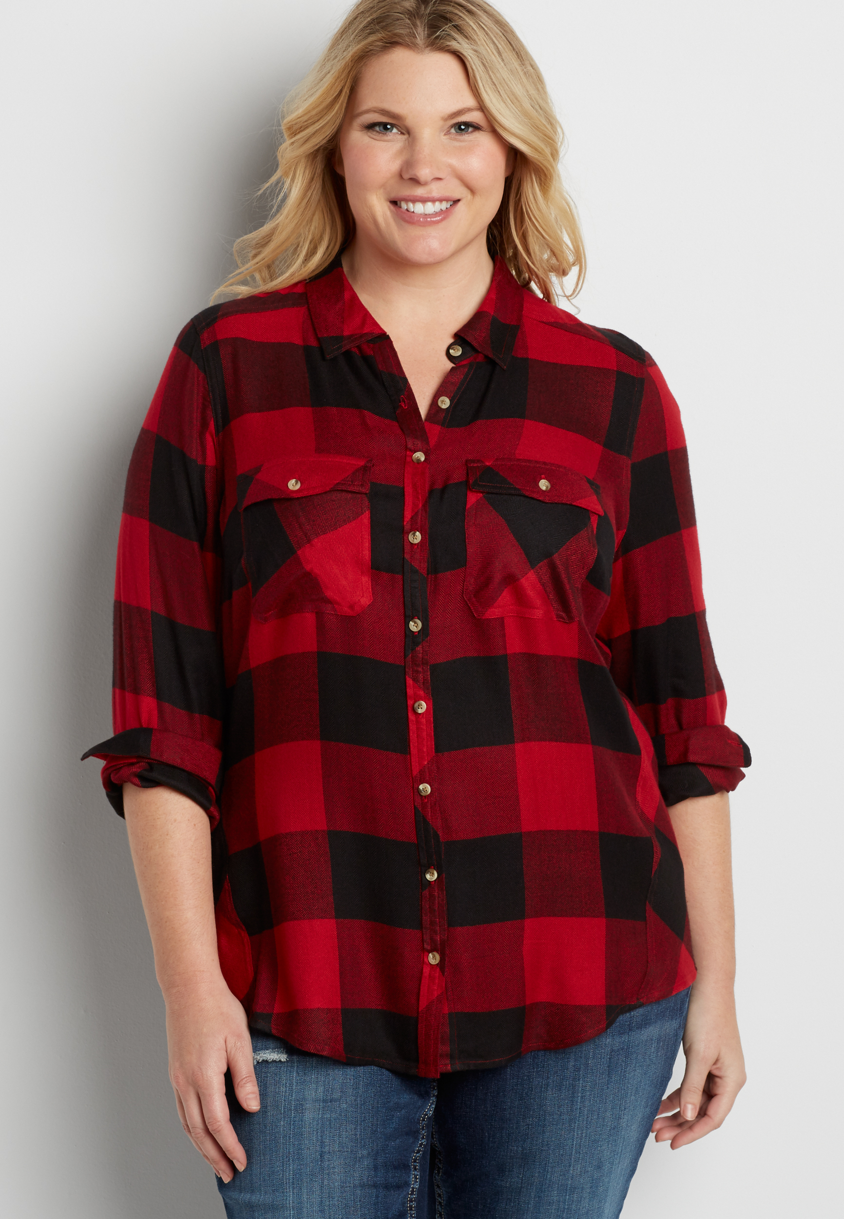 plus size button down shirt in red and black buffalo plaid | maurices