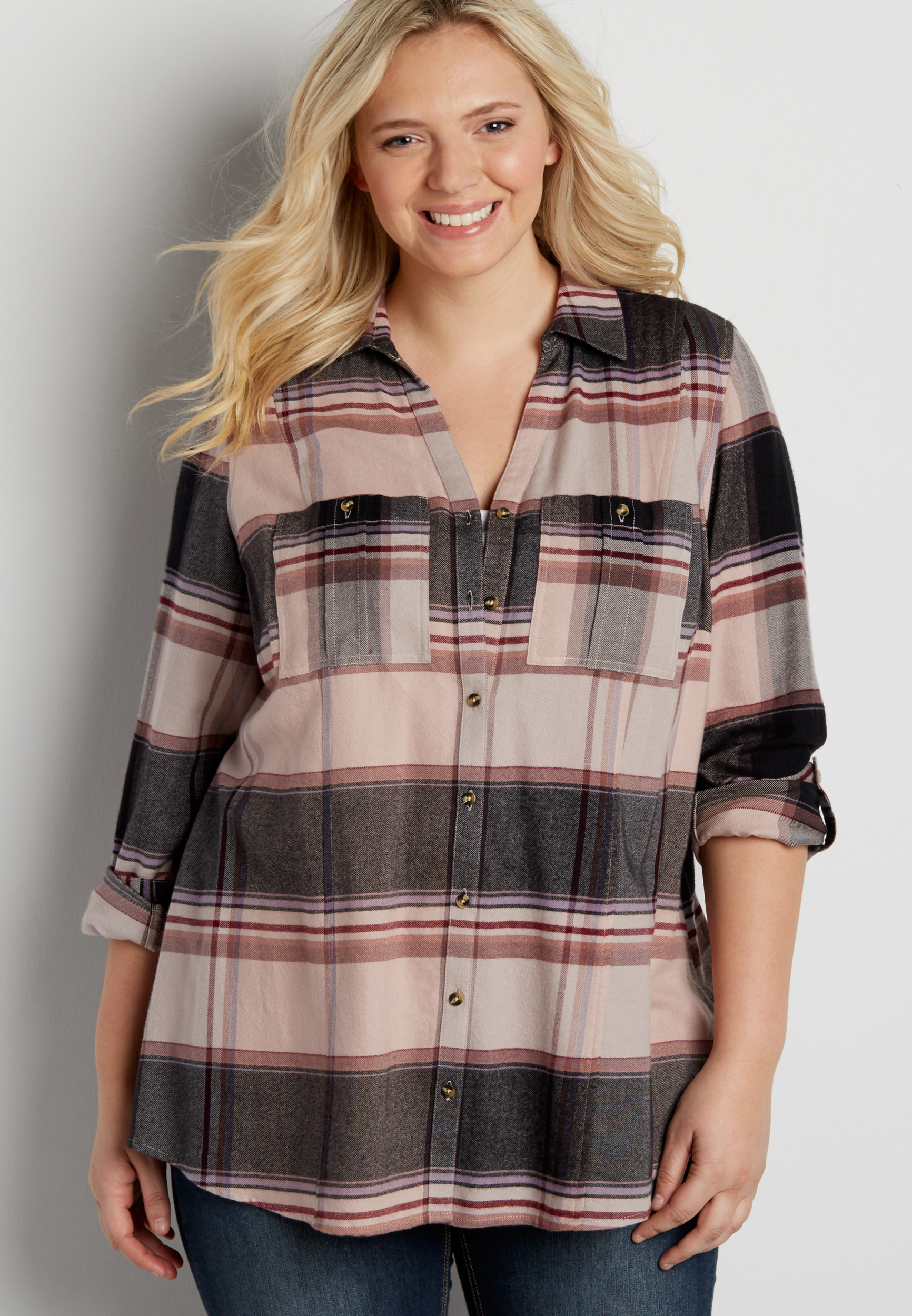 plus size button down flannel tunic top | maurices