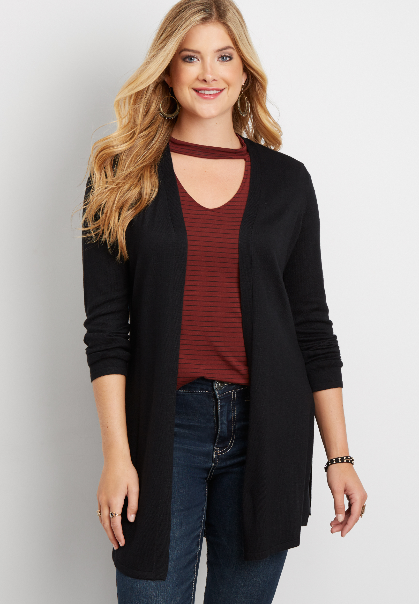 the classic long cardigan with pointelle stitched back | maurices