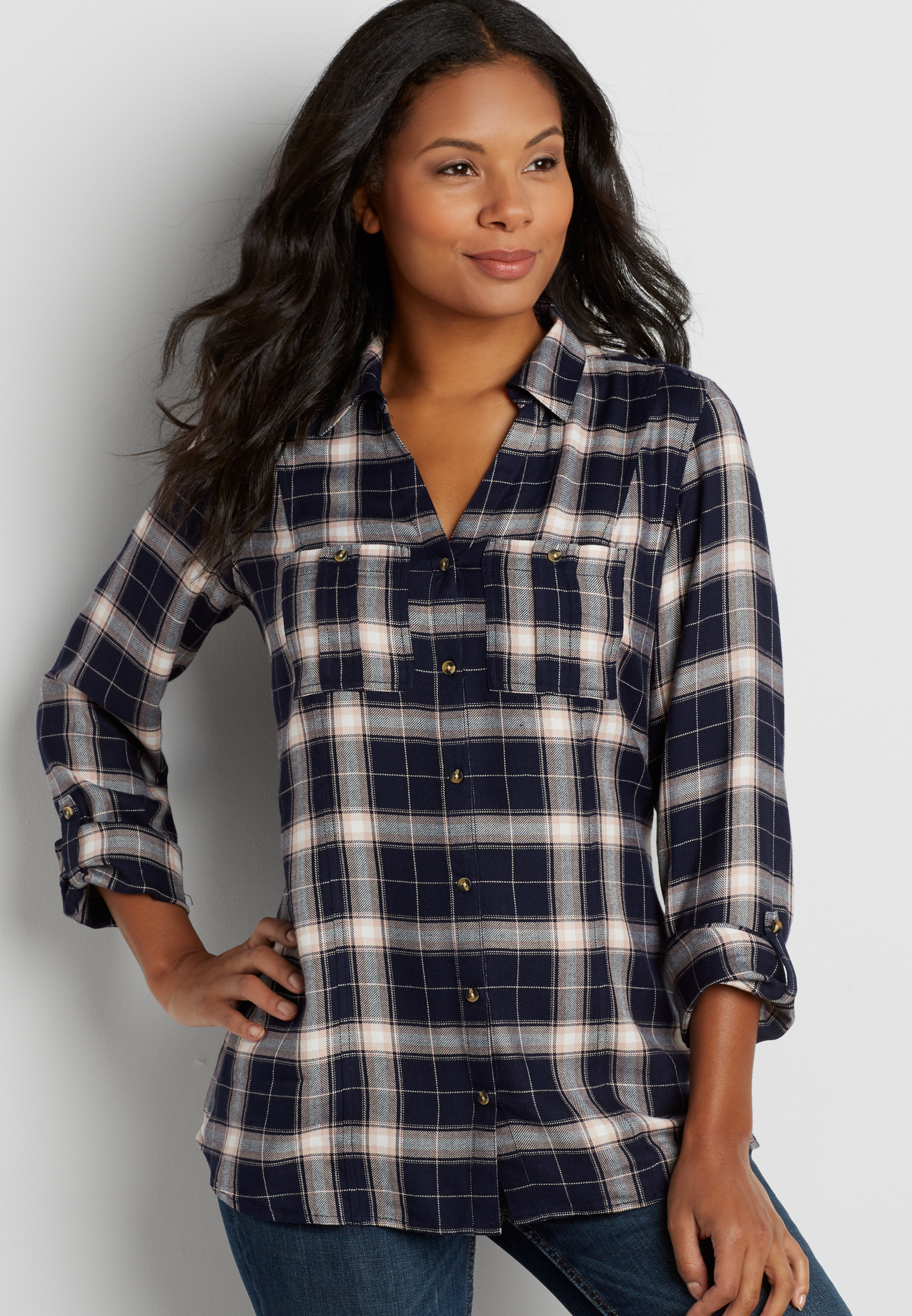 button down plaid tunic with adjustable tie back | maurices