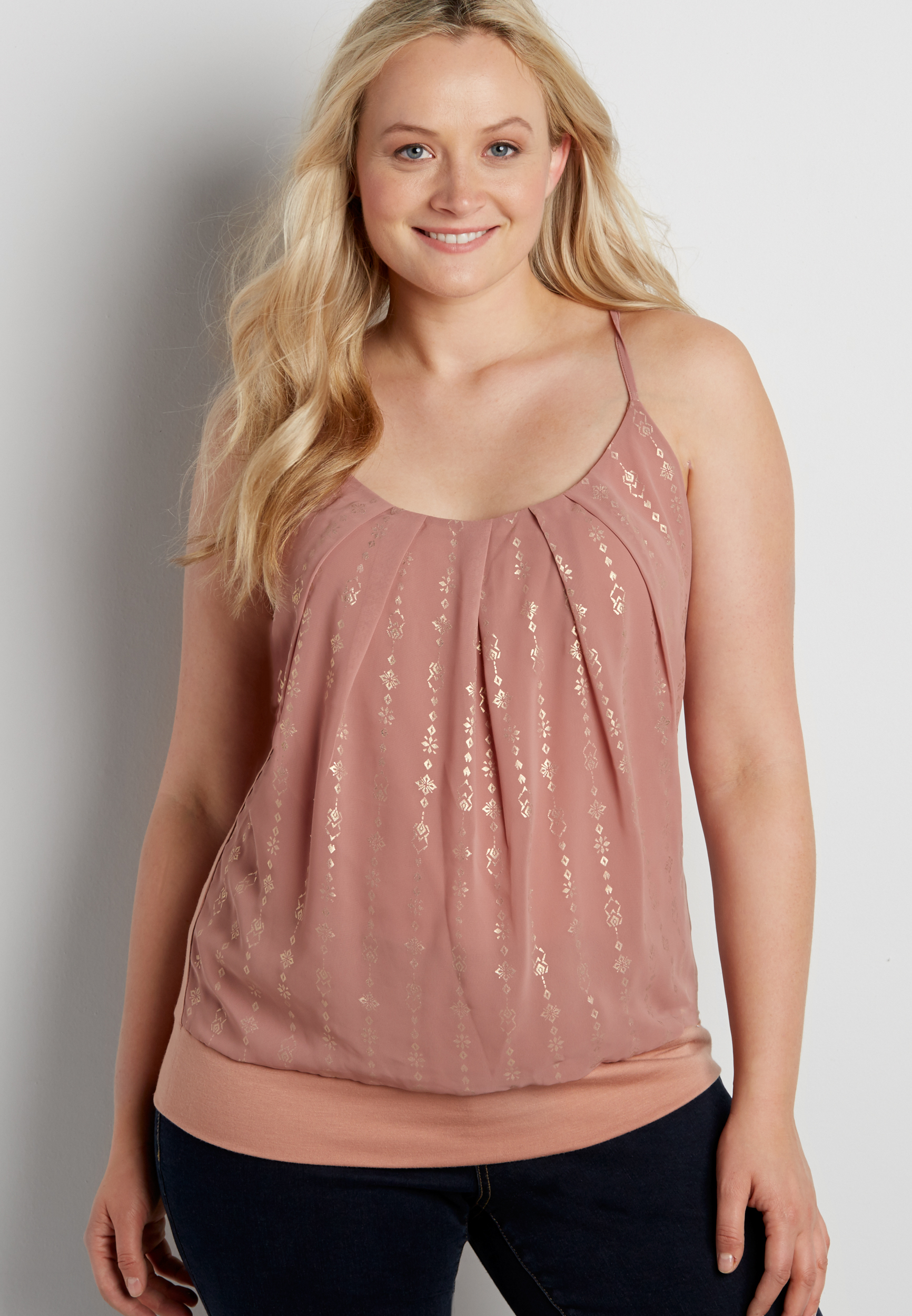 plus size knit tank with metallic ethnic print chiffon front maurices