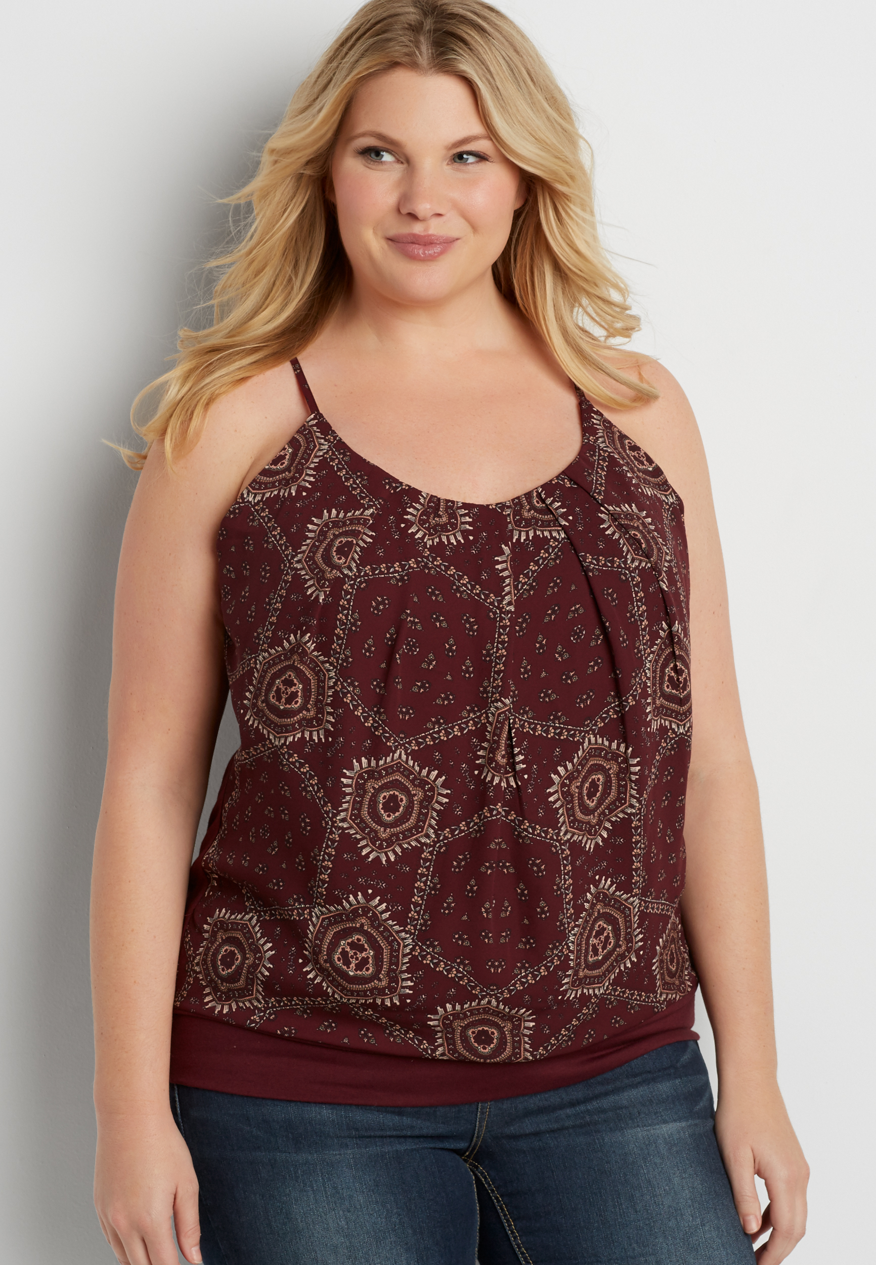 plus size knit tank with patterned chiffon front | maurices