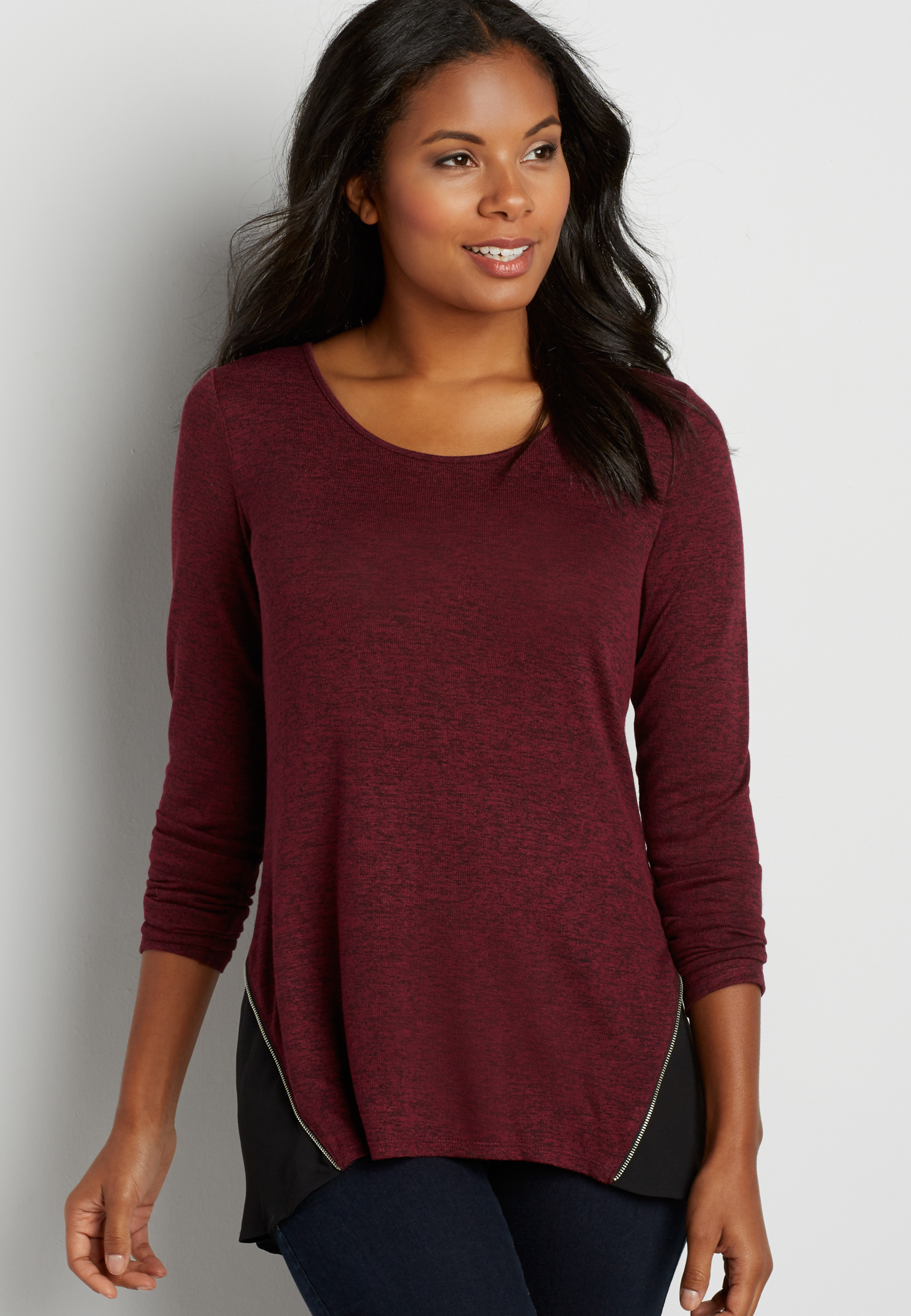 pullover sweater with chiffon and zippers | maurices