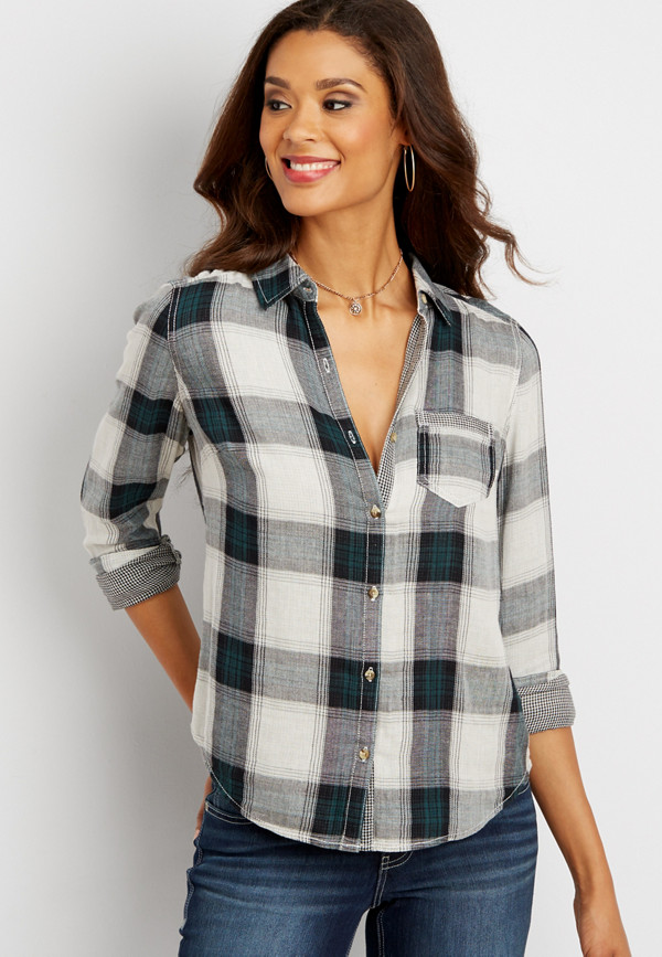 button down plaid shirt with houndstooth interior | maurices