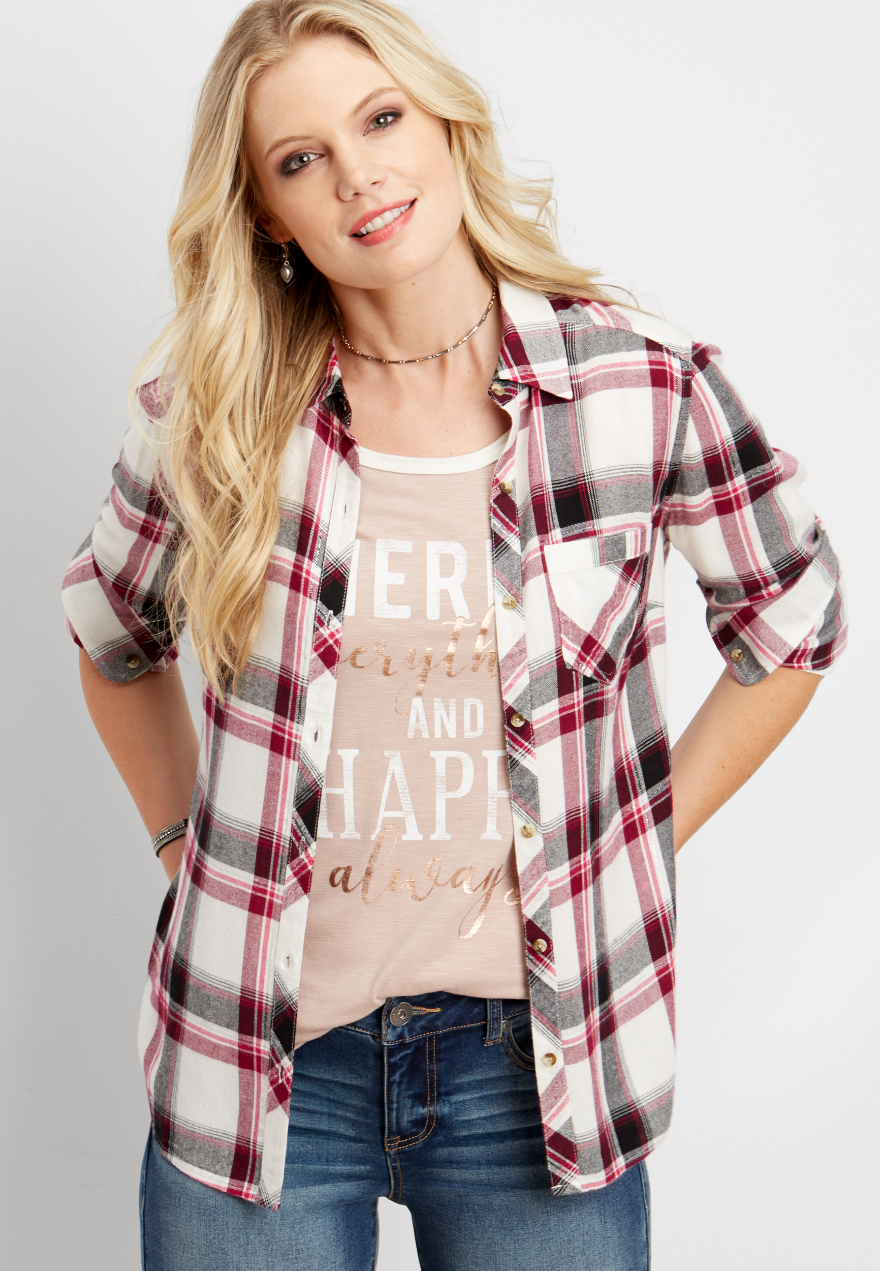 button down plaid shirt with metallic stitching | maurices