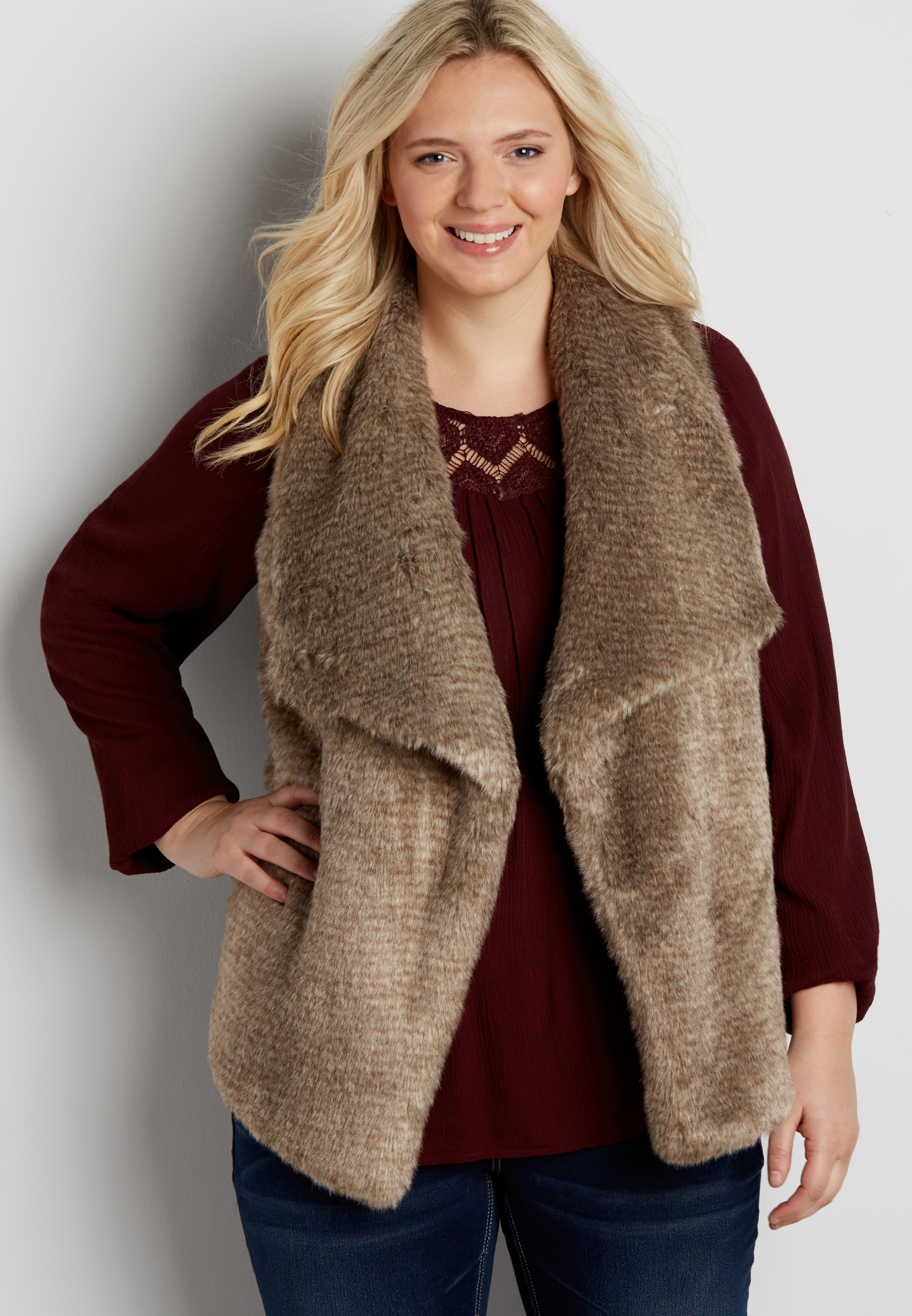 plus size faux fur vest with large collar and knit back maurices
