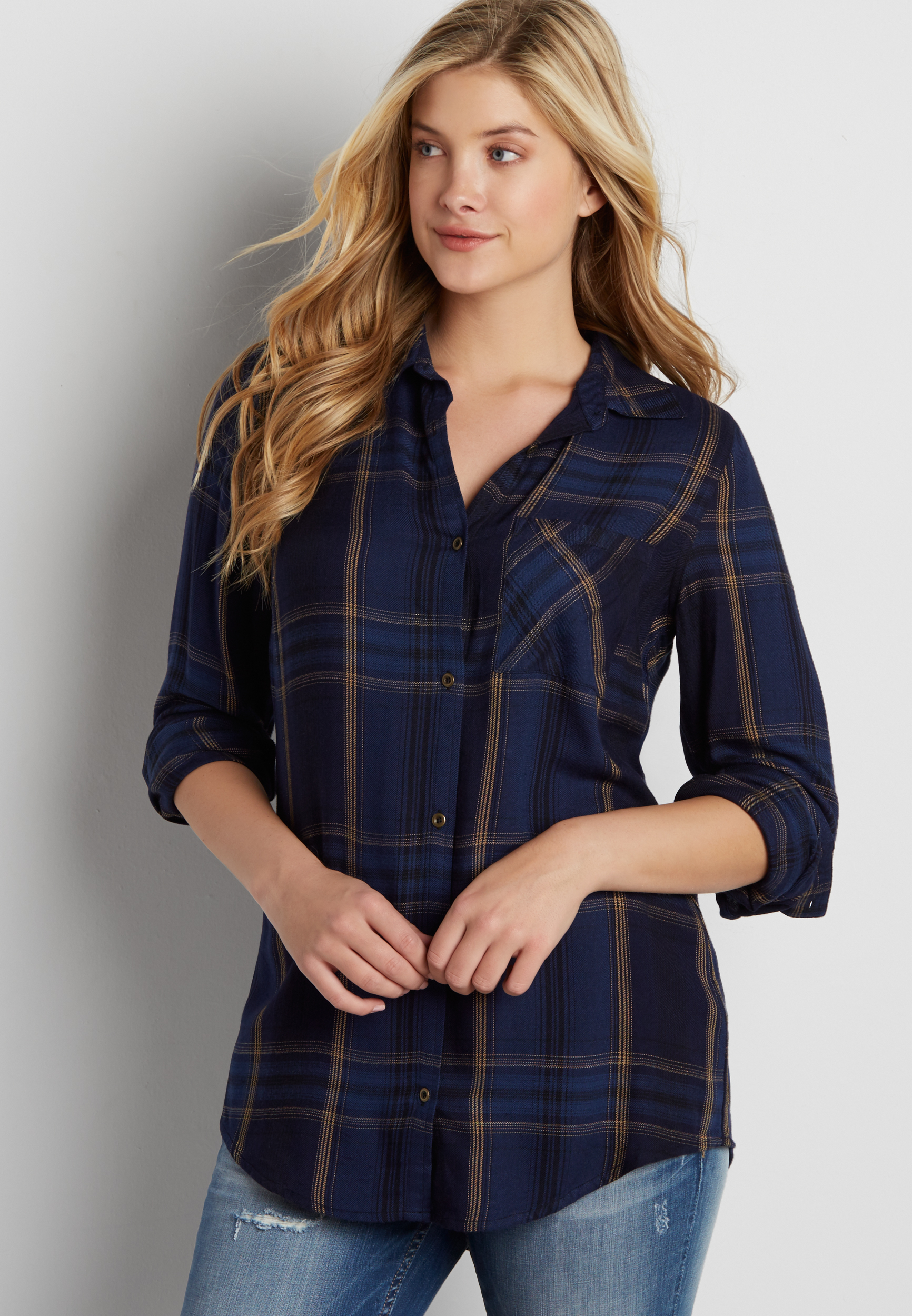 button down plaid tunic with goldtone stitching | maurices