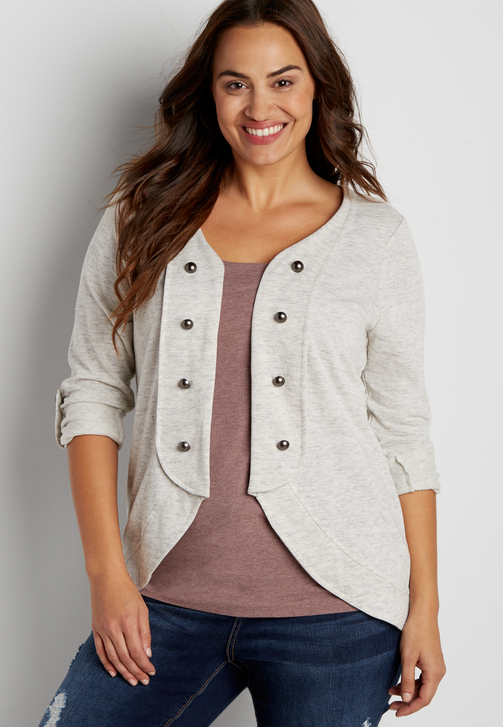 plus size heathered french terry military cardigan | maurices