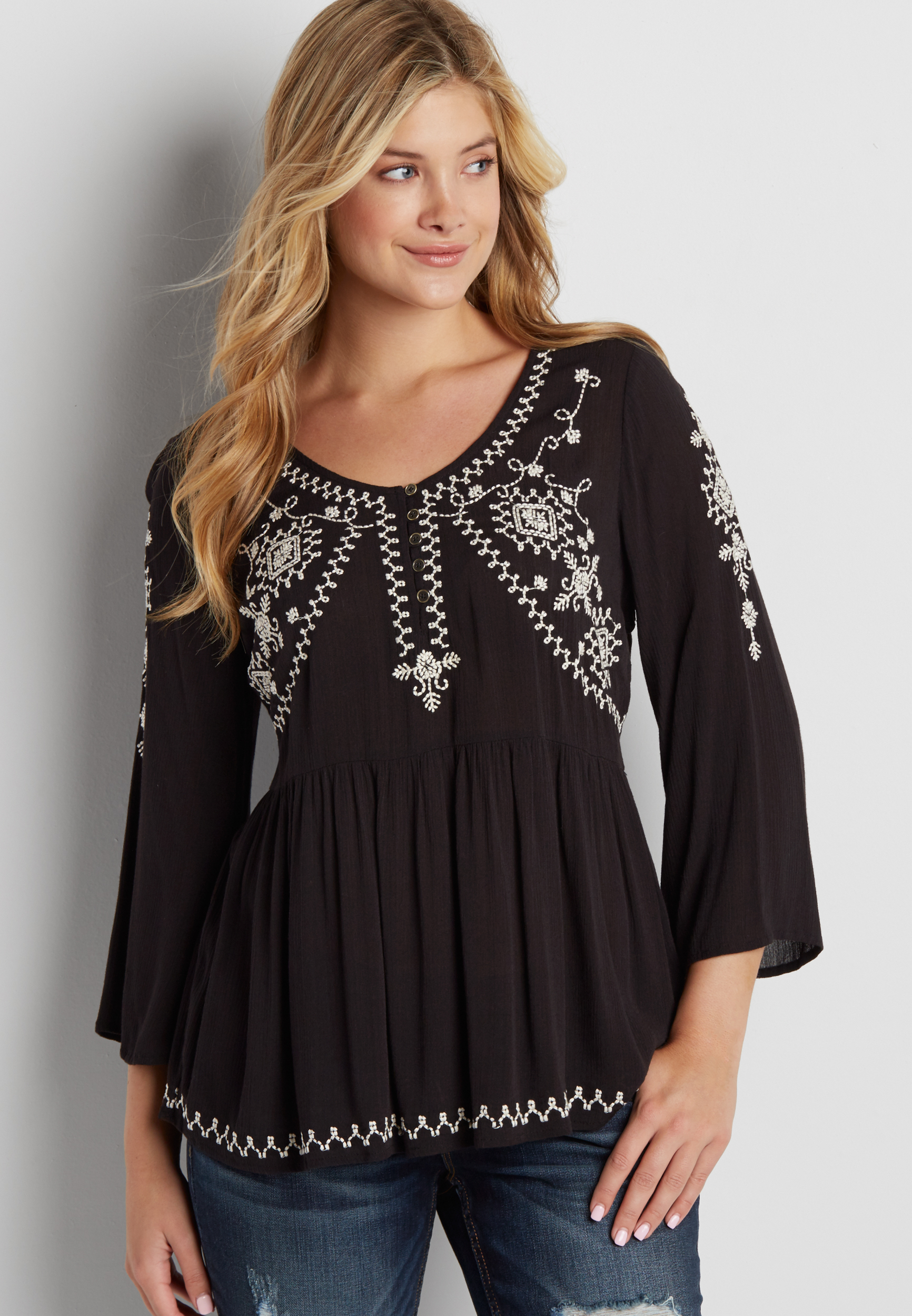 babydoll peasant top with embroidery | maurices