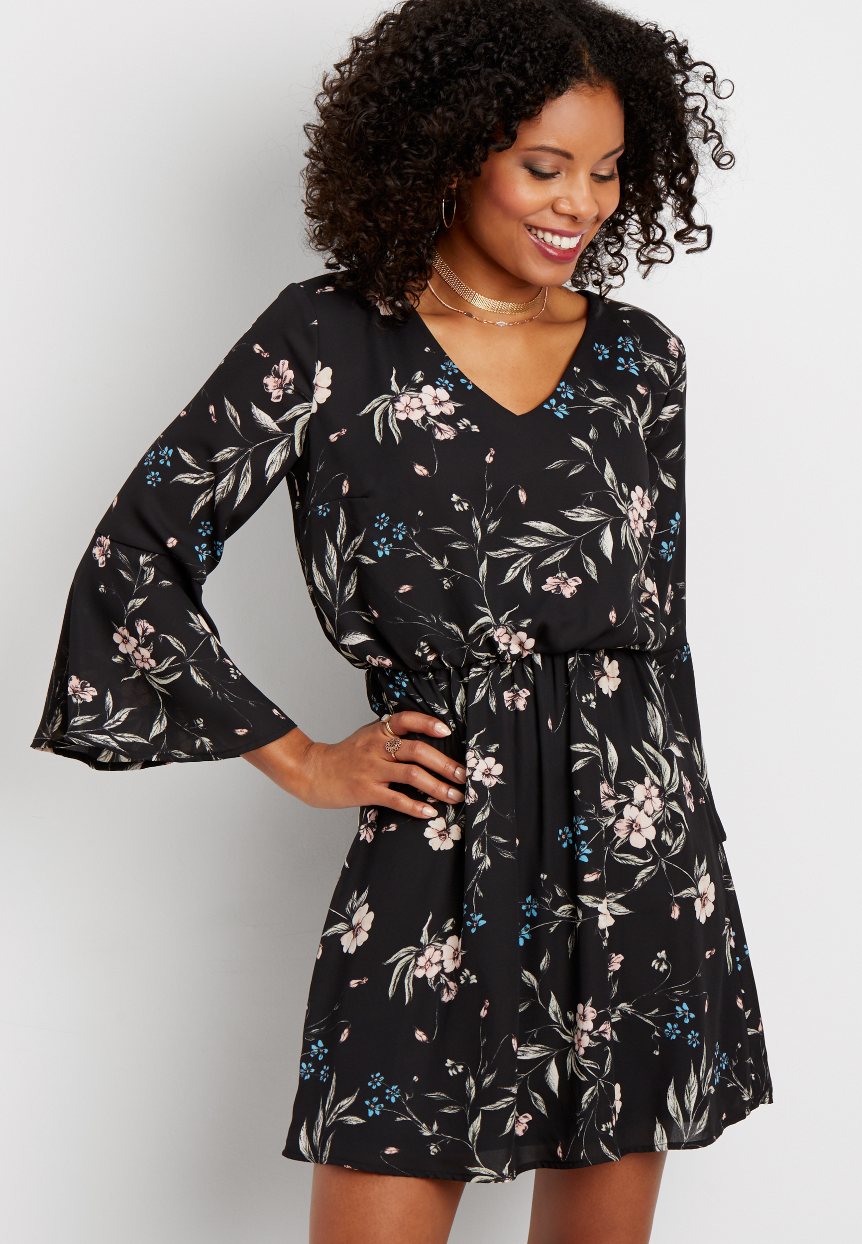 floral print chiffon dress with bell shaped sleeves | maurices
