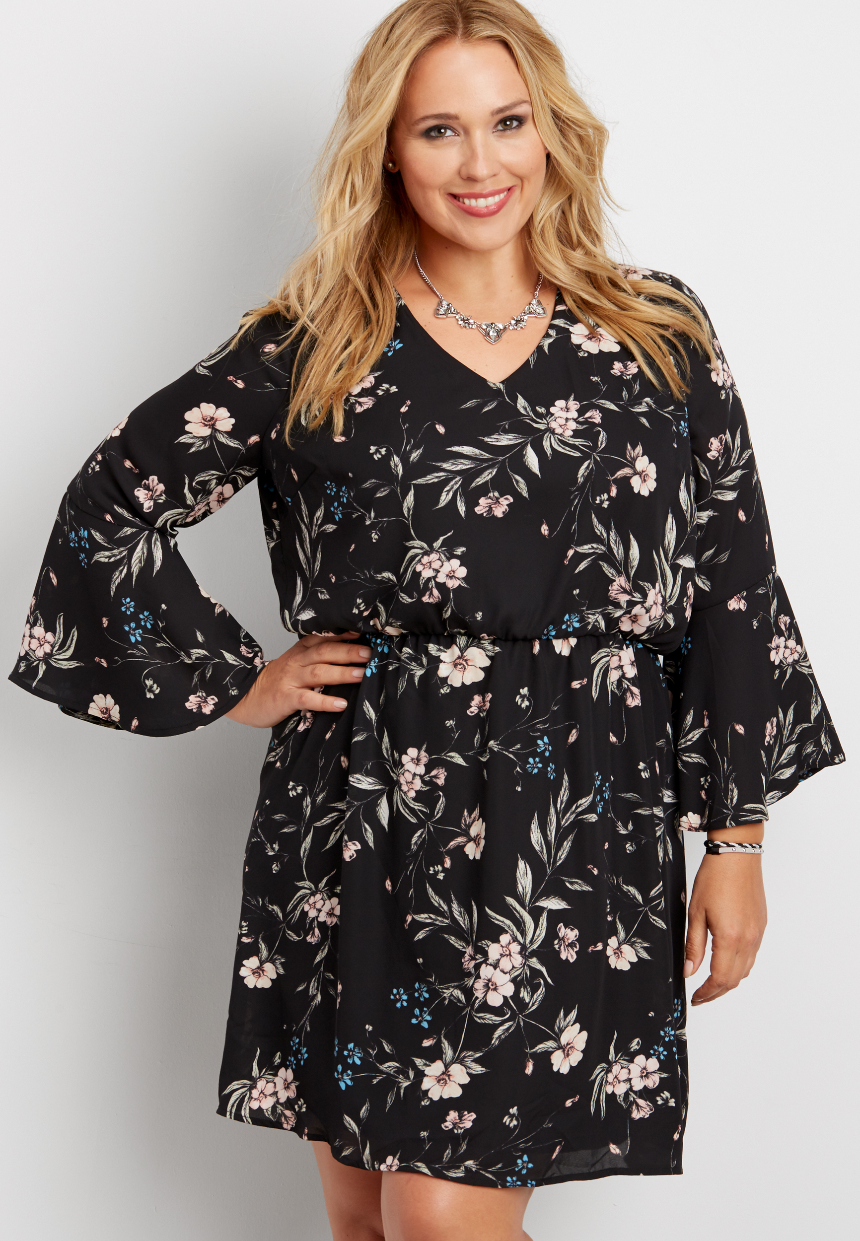 plus size floral print chiffon dress with bell shaped sleeves | maurices