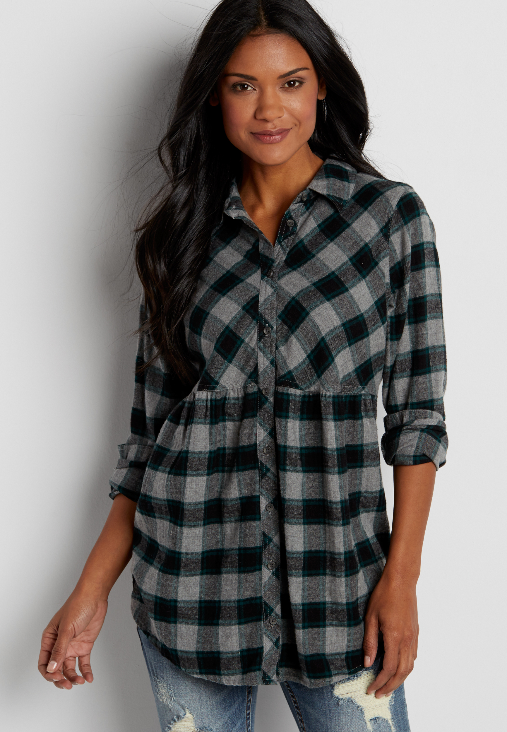 button down babydoll plaid tunic | maurices