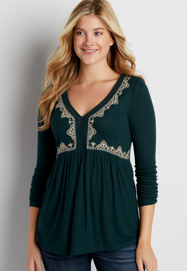 ribbed knit peasant top with embroidery | maurices