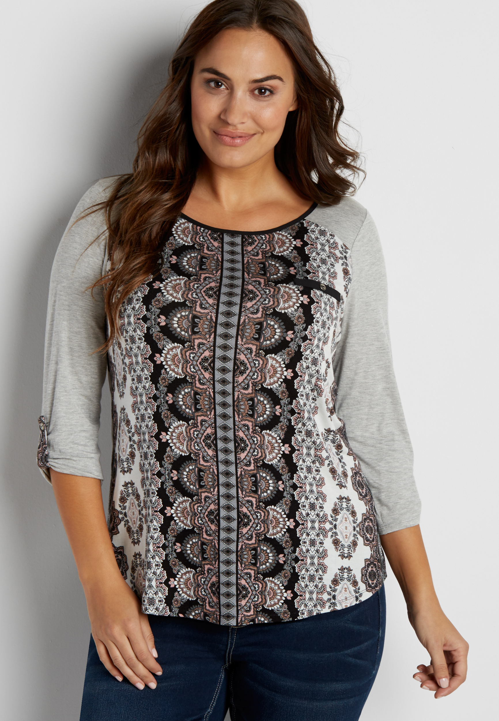 plus size patterned tee with button down back | maurices